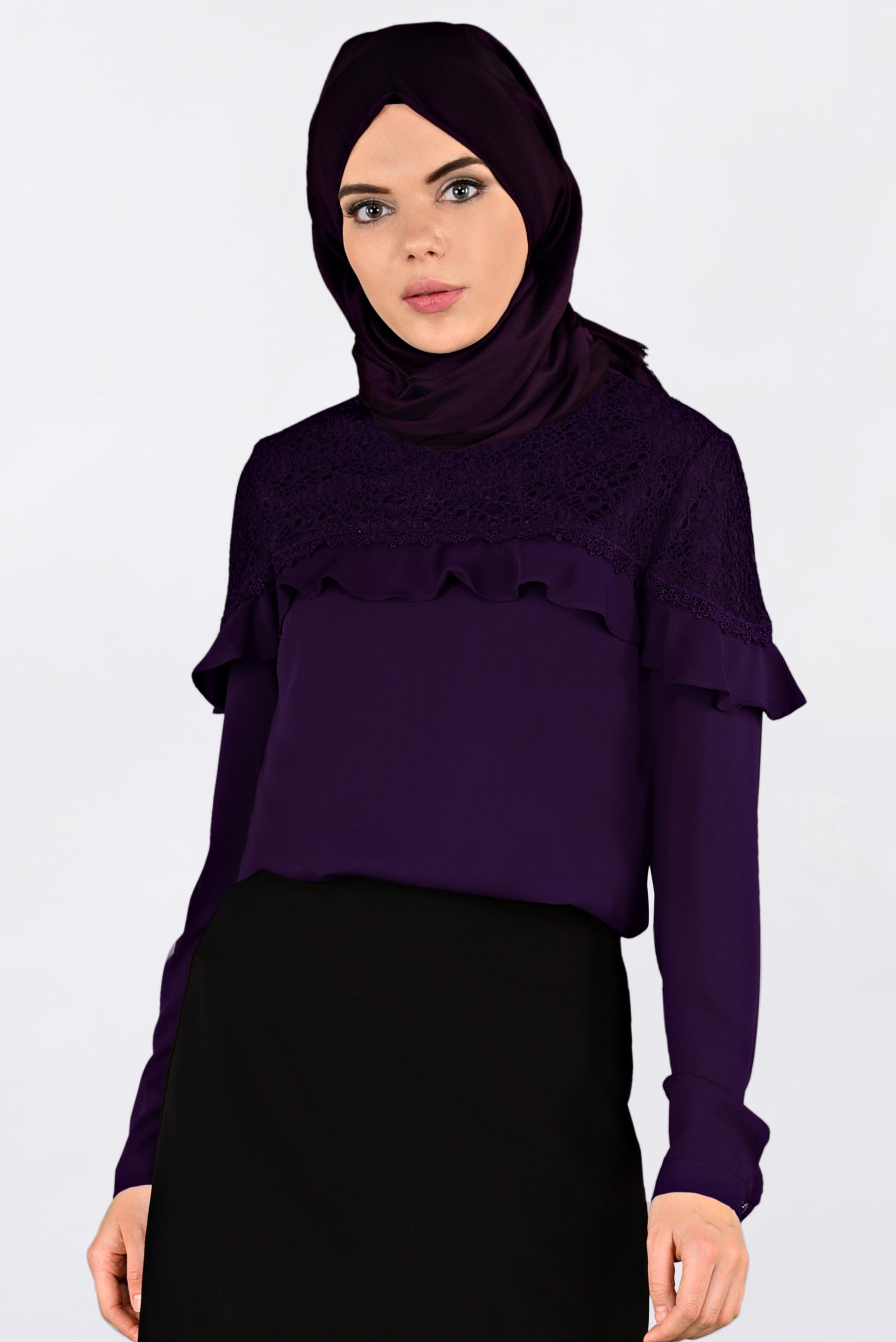 Tesettür giyim MOR DANTEL VE FIRFIRLI BLUZ 4204