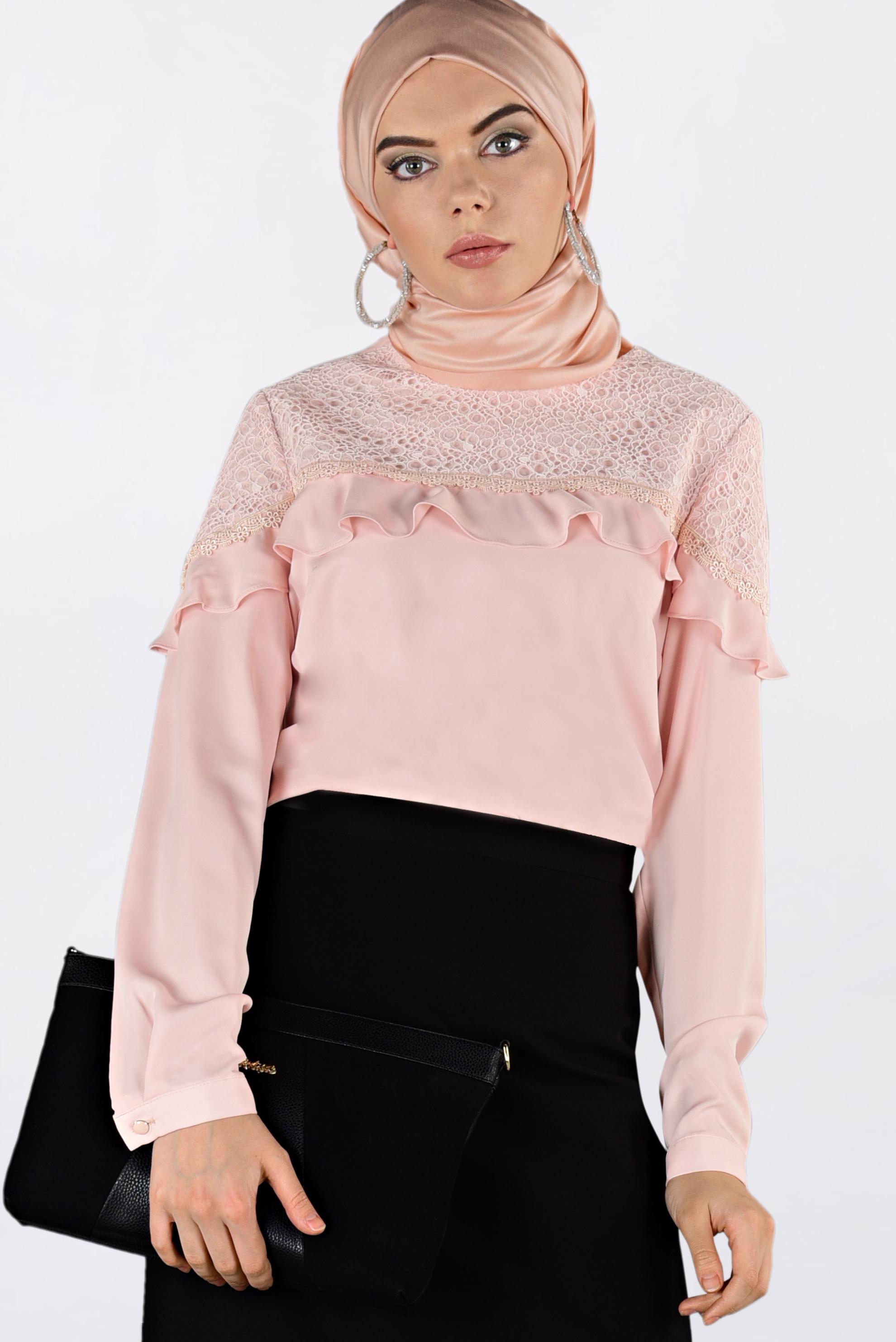 Tesettür giyim PUDRA DANTEL VE FIRFIRLI BLUZ 4204