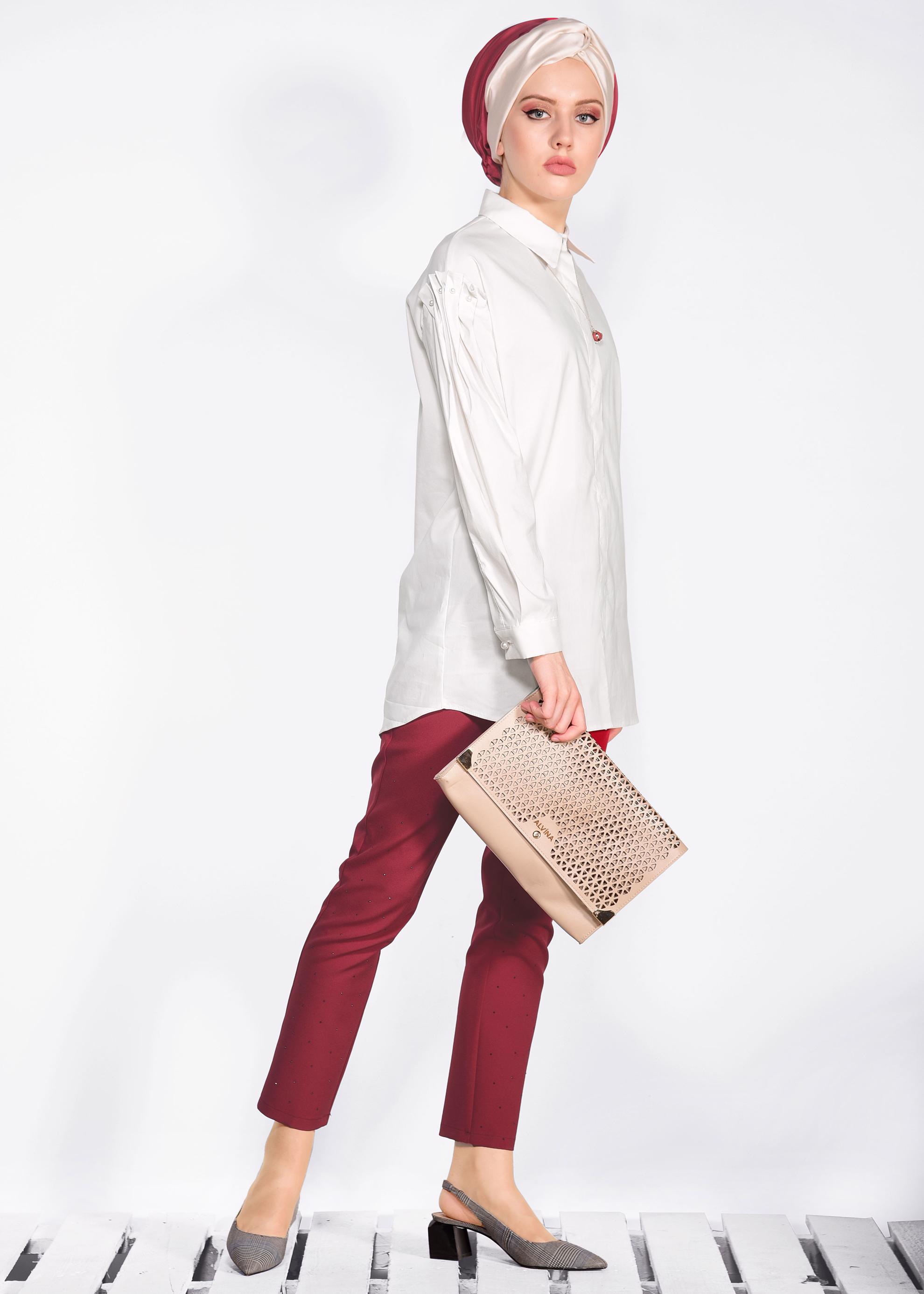 Tesettür giyim BEJ İNCİ DETAYLI GİZLİ DÜĞMELİ GÖMLEK 4231