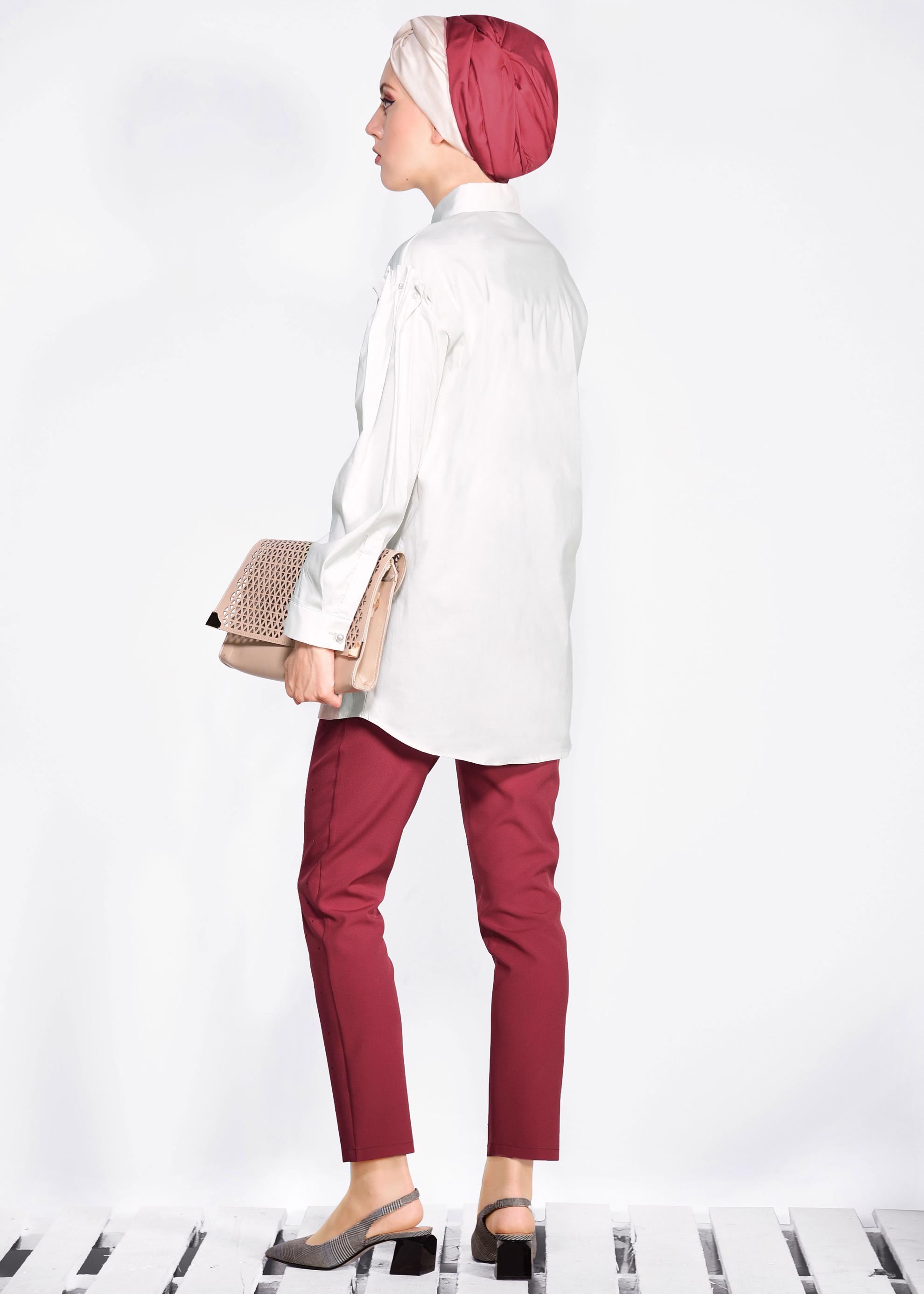 Tesettür giyim BEJ İNCİ DETAYLI GİZLİ DÜĞMELİ GÖMLEK 4231