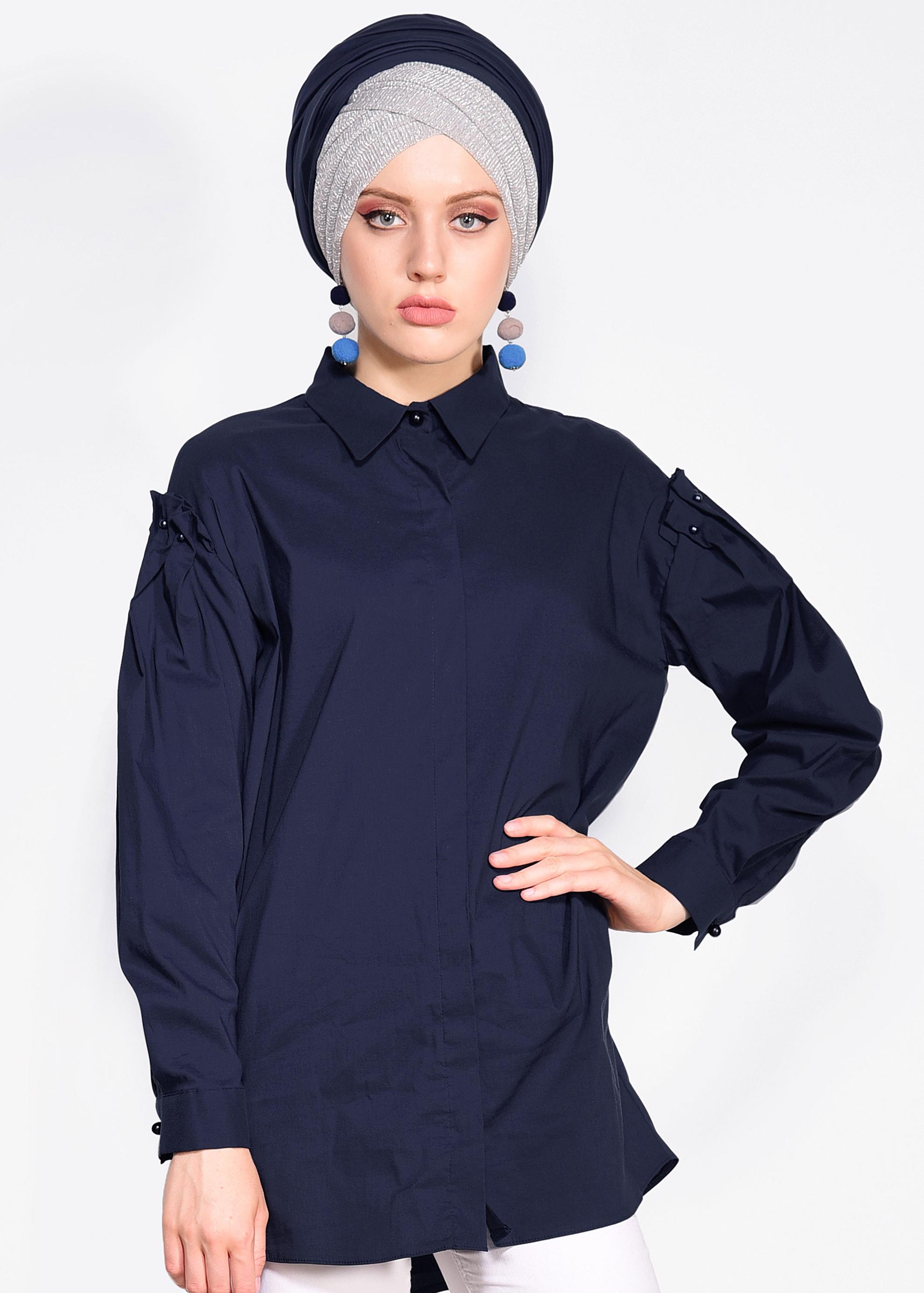 Tesettür giyim LACİVERT İNCİ DETAYLI GİZLİ DÜĞMELİ GÖMLEK 4231