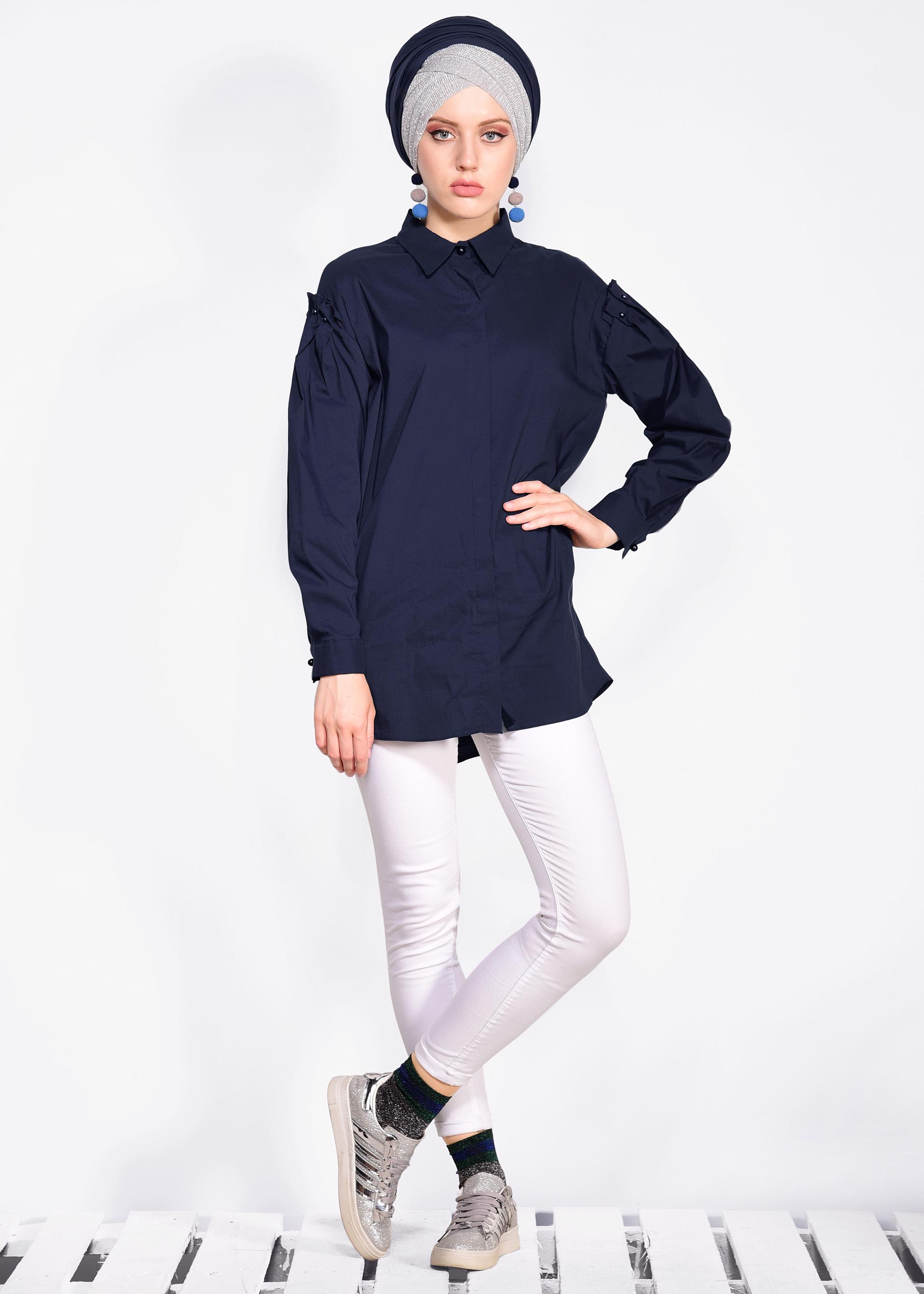 Tesettür giyim LACİVERT İNCİ DETAYLI GİZLİ DÜĞMELİ GÖMLEK 4231
