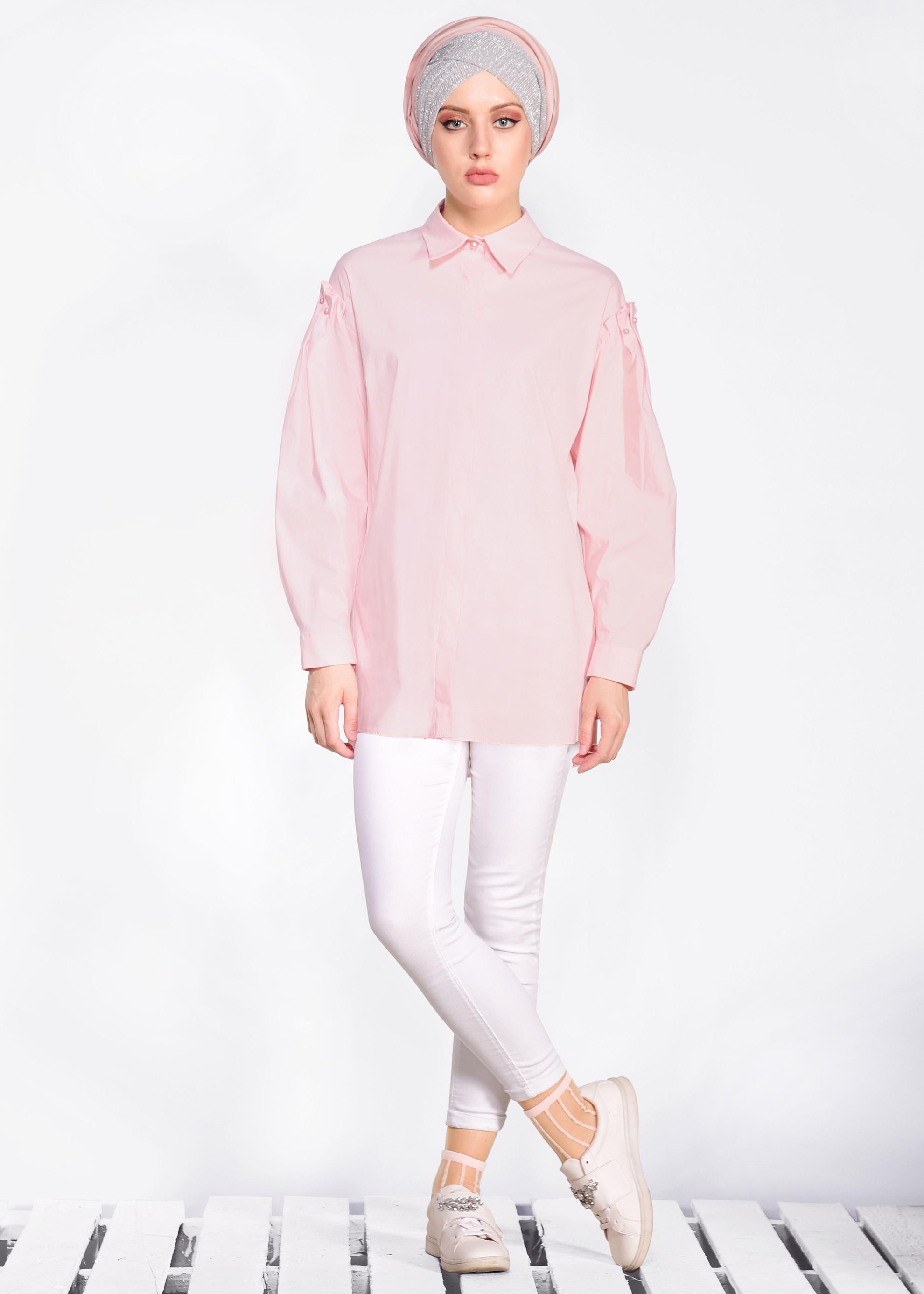 Tesettür giyim PUDRA İNCİ DETAYLI GİZLİ DÜĞMELİ GÖMLEK 4231