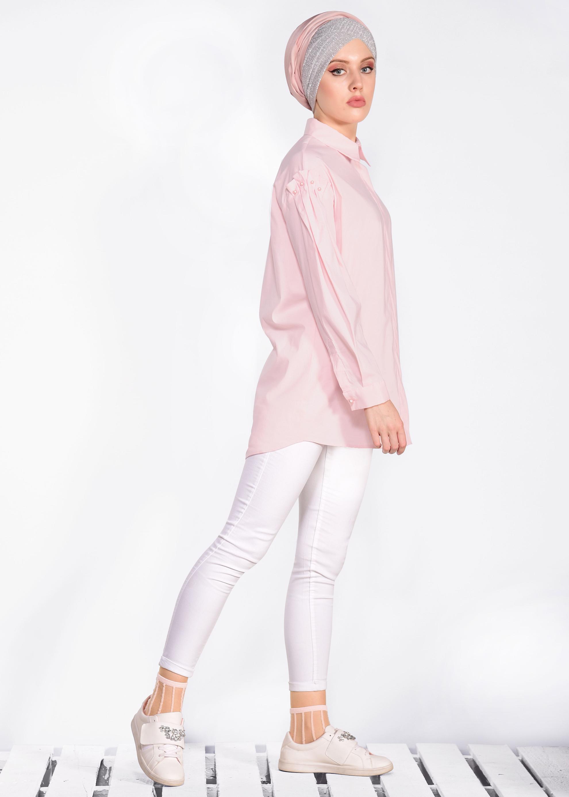 Tesettür giyim PUDRA İNCİ DETAYLI GİZLİ DÜĞMELİ GÖMLEK 4231