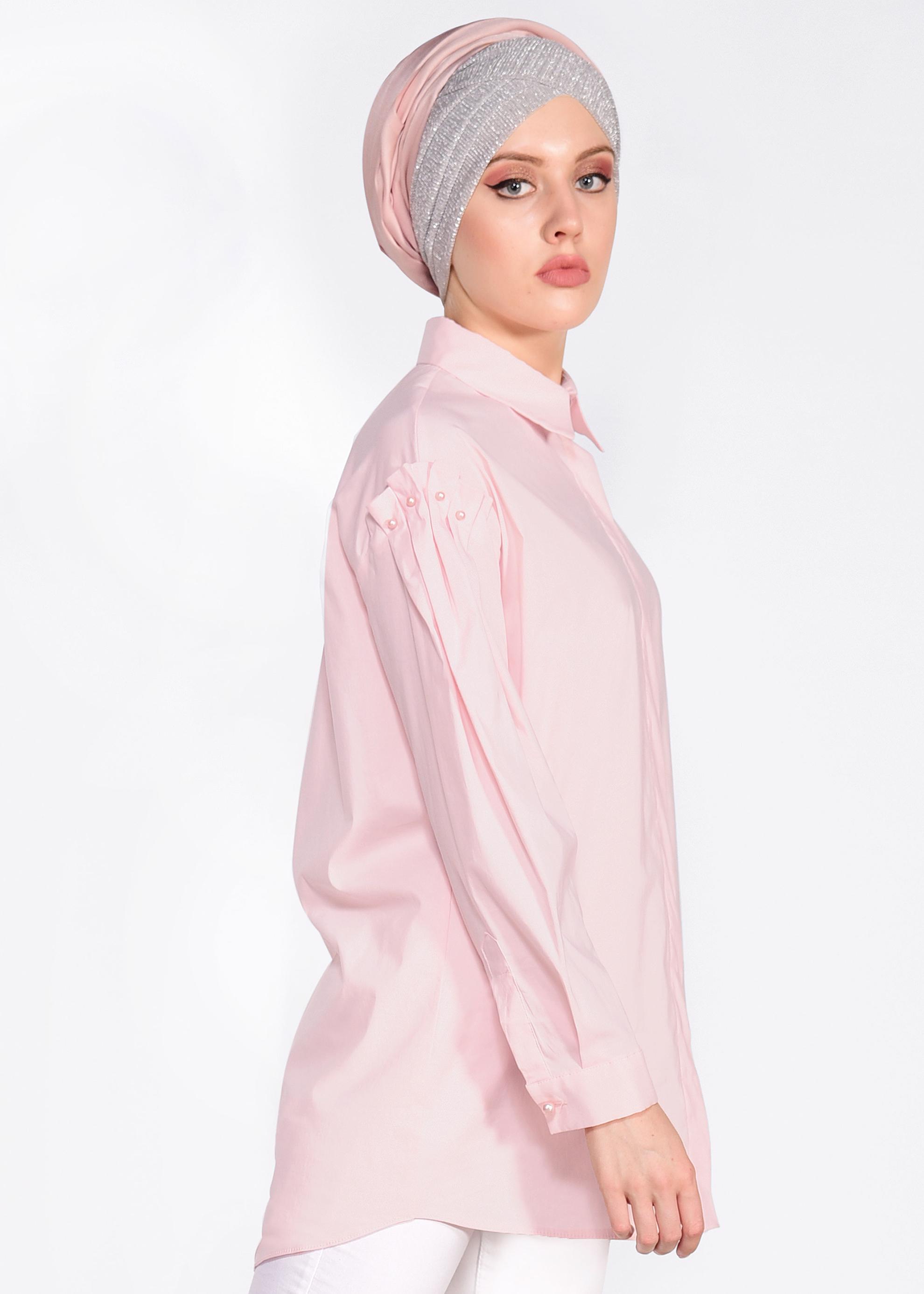 Tesettür giyim PUDRA İNCİ DETAYLI GİZLİ DÜĞMELİ GÖMLEK 4231