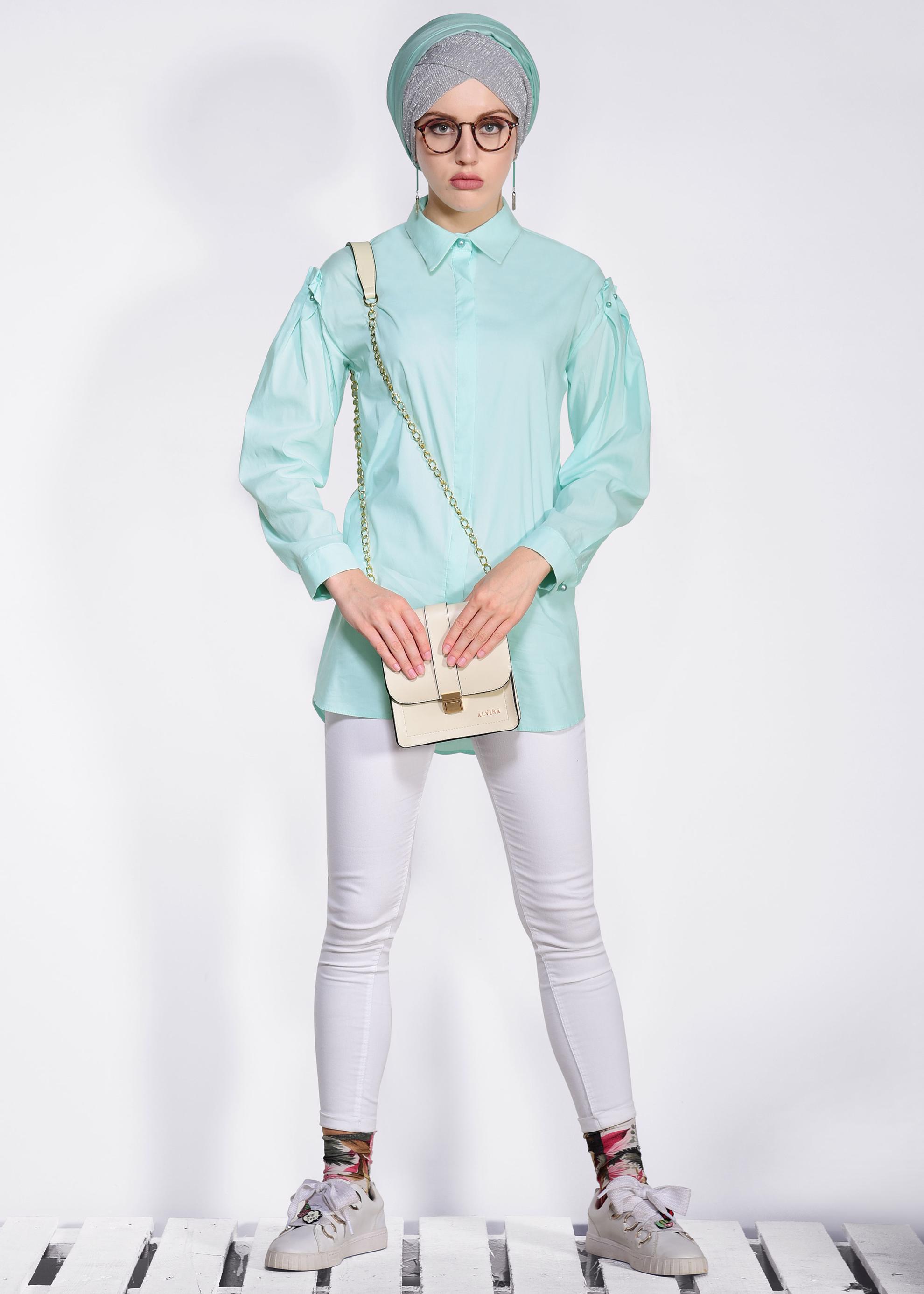 Tesettür giyim YEŞİL İNCİ DETAYLI GİZLİ DÜĞMELİ GÖMLEK 4231