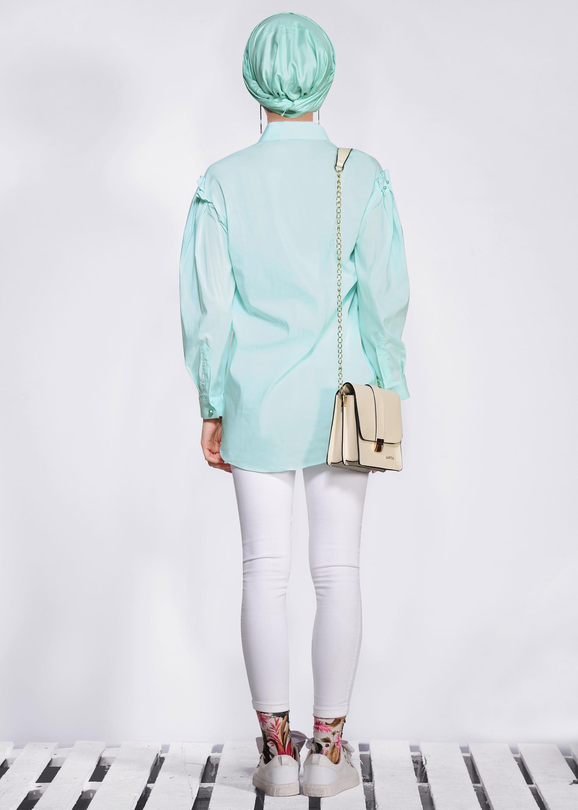 Tesettür giyim YEŞİL İNCİ DETAYLI GİZLİ DÜĞMELİ GÖMLEK 4231