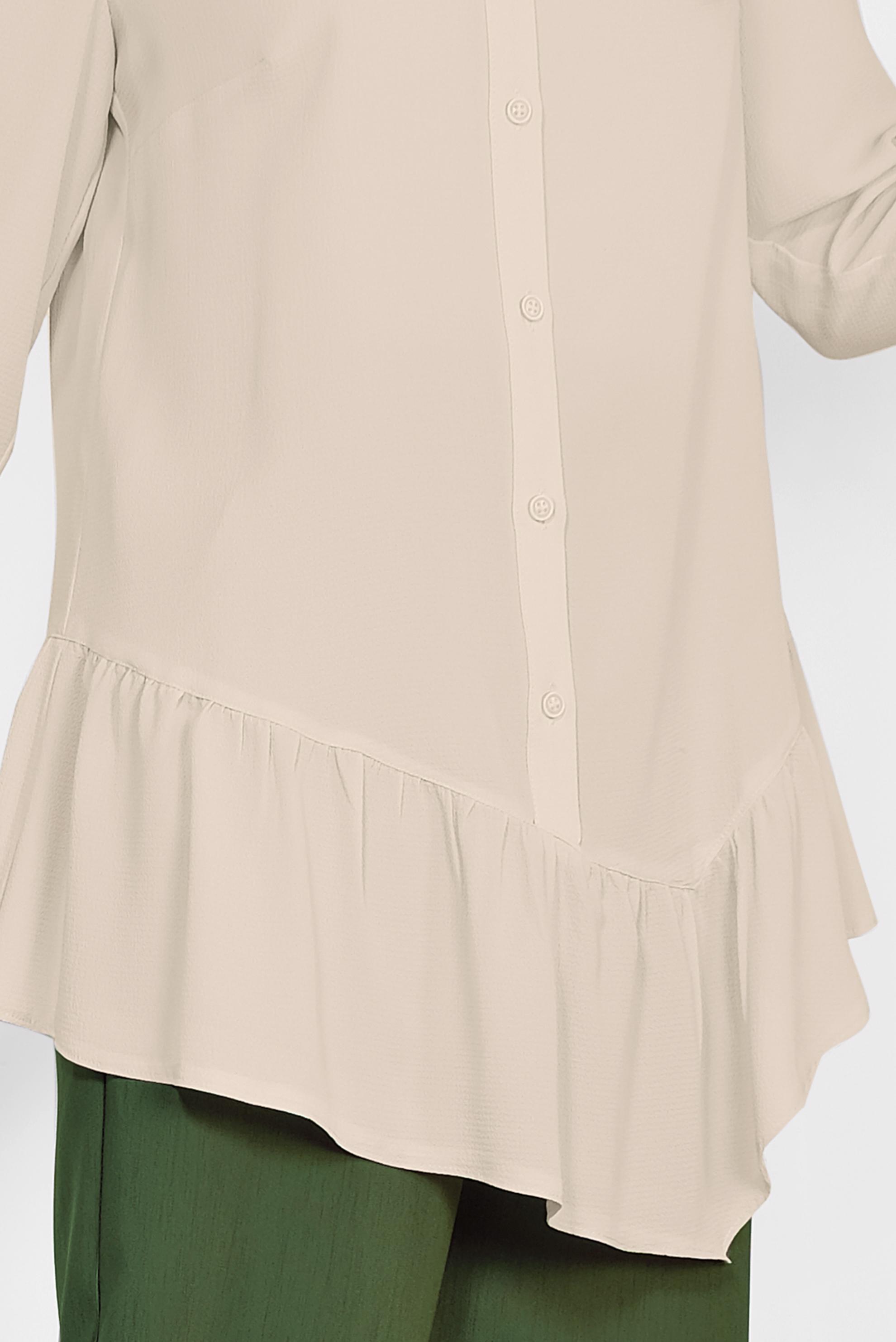 Tesettür giyim BEJ ETEK UCU VE KOLLARI VOLANLI ASİMETRİK KESİM BLUZ 4234