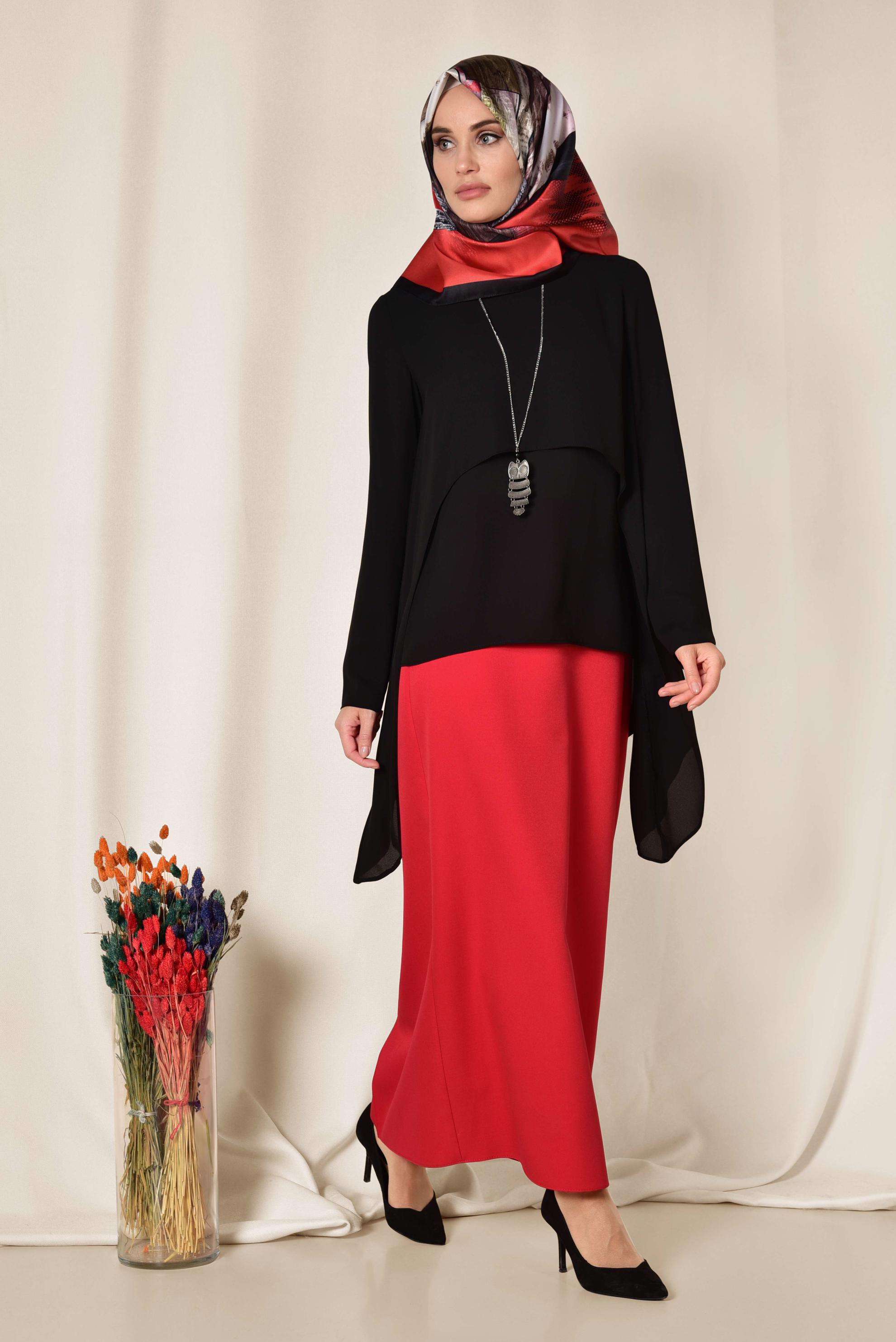 Tesettür giyim SİYAH ASİMETRİK KESİM ŞİFON BLUZ 4291