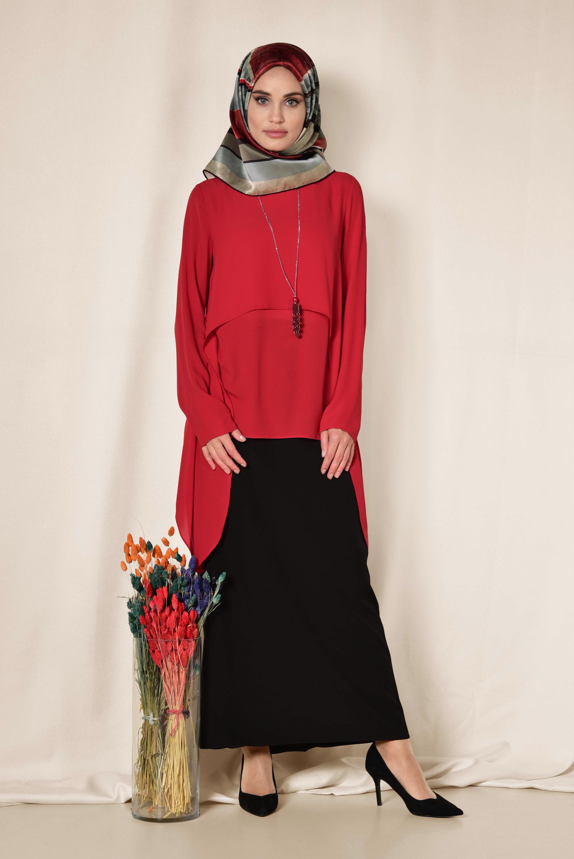 Tesettür giyim KIRMIZI ASİMETRİK KESİM ŞİFON BLUZ 4291