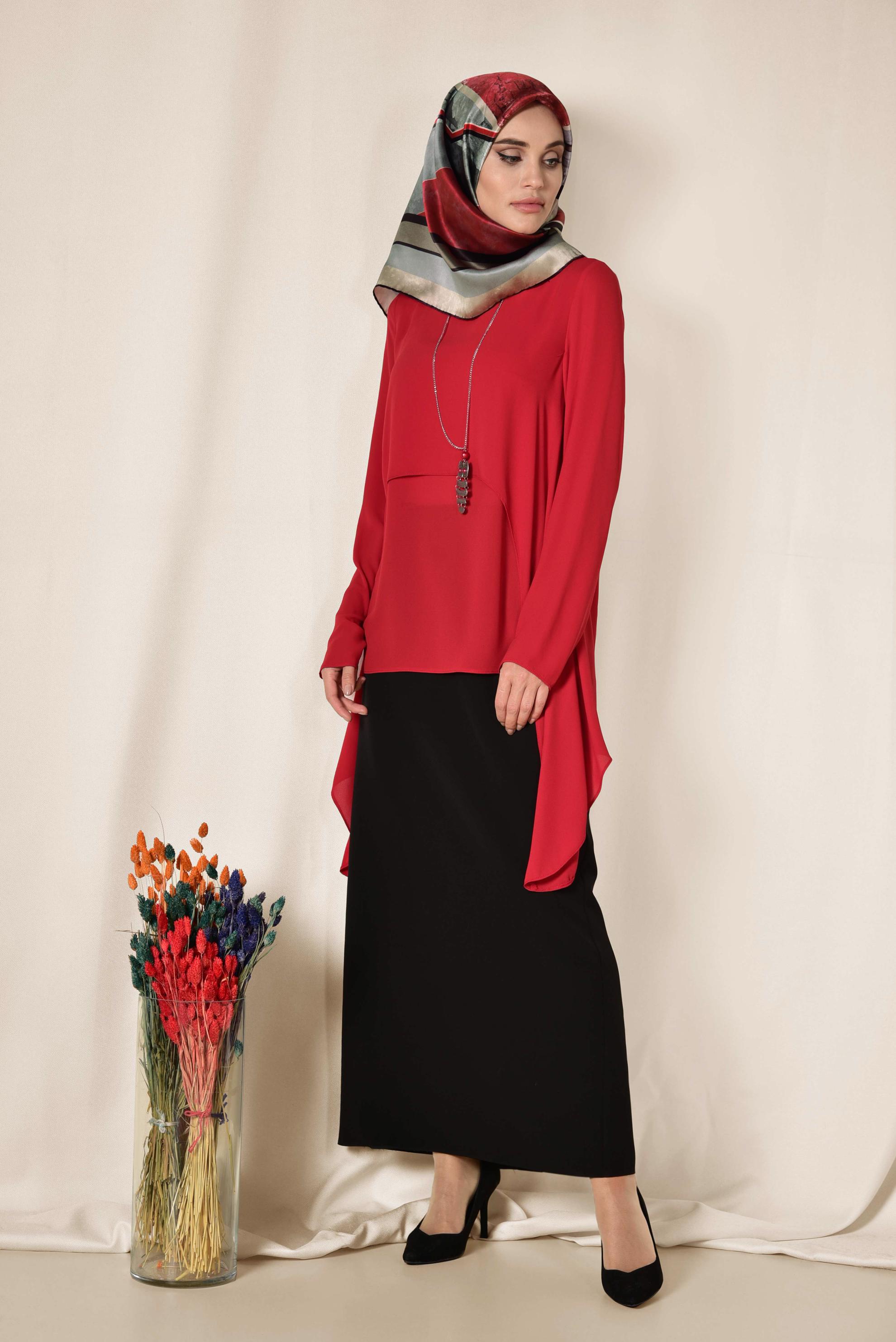 Tesettür giyim KIRMIZI ASİMETRİK KESİM ŞİFON BLUZ 4291