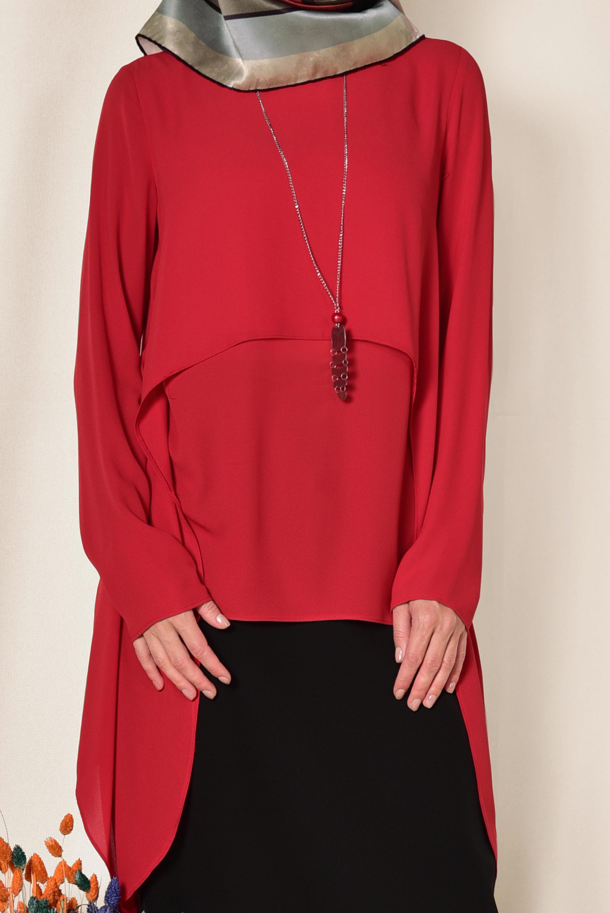 Tesettür giyim KIRMIZI ASİMETRİK KESİM ŞİFON BLUZ 4291