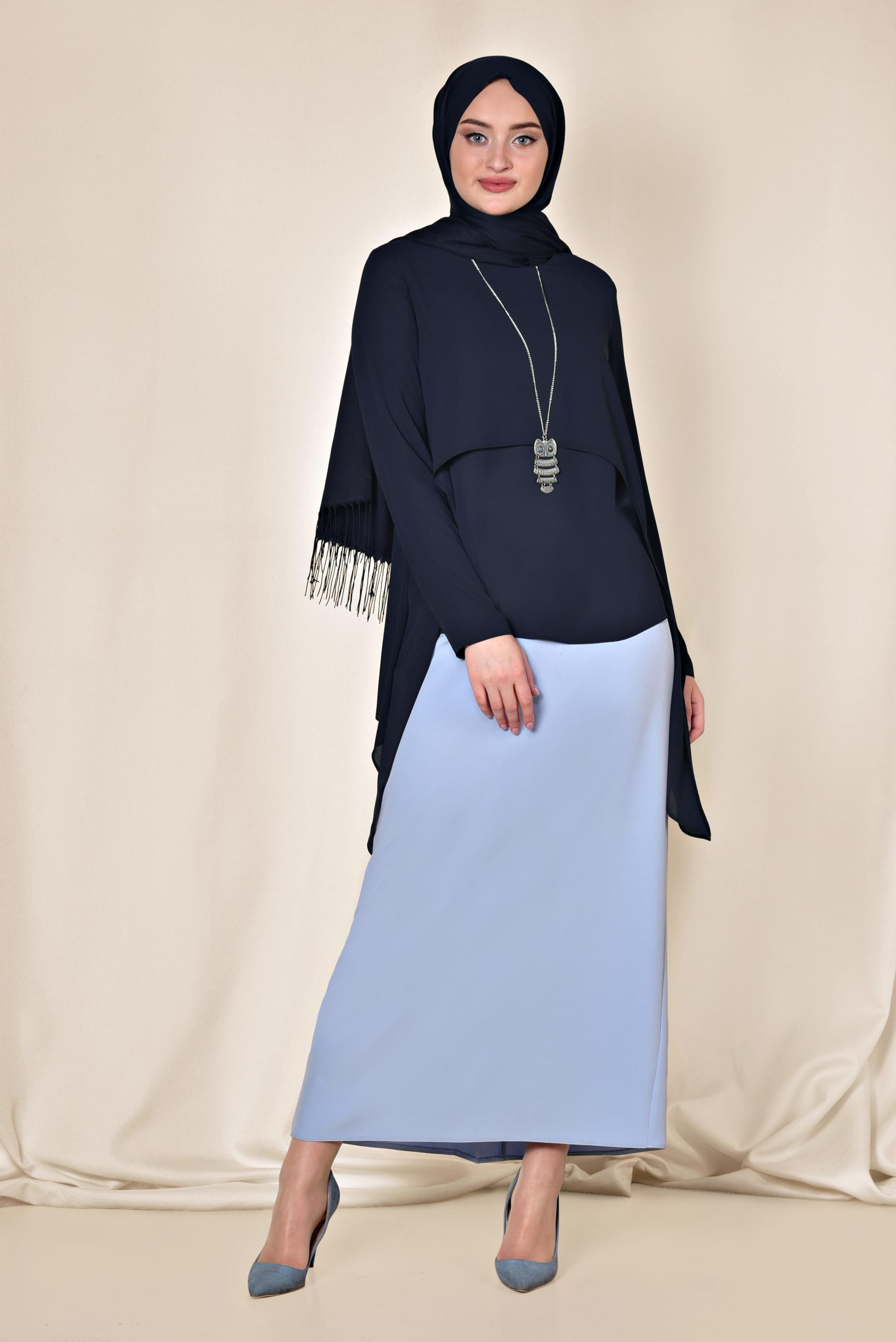 Tesettür giyim LACİVERT ASİMETRİK KESİM ŞİFON BLUZ 4291