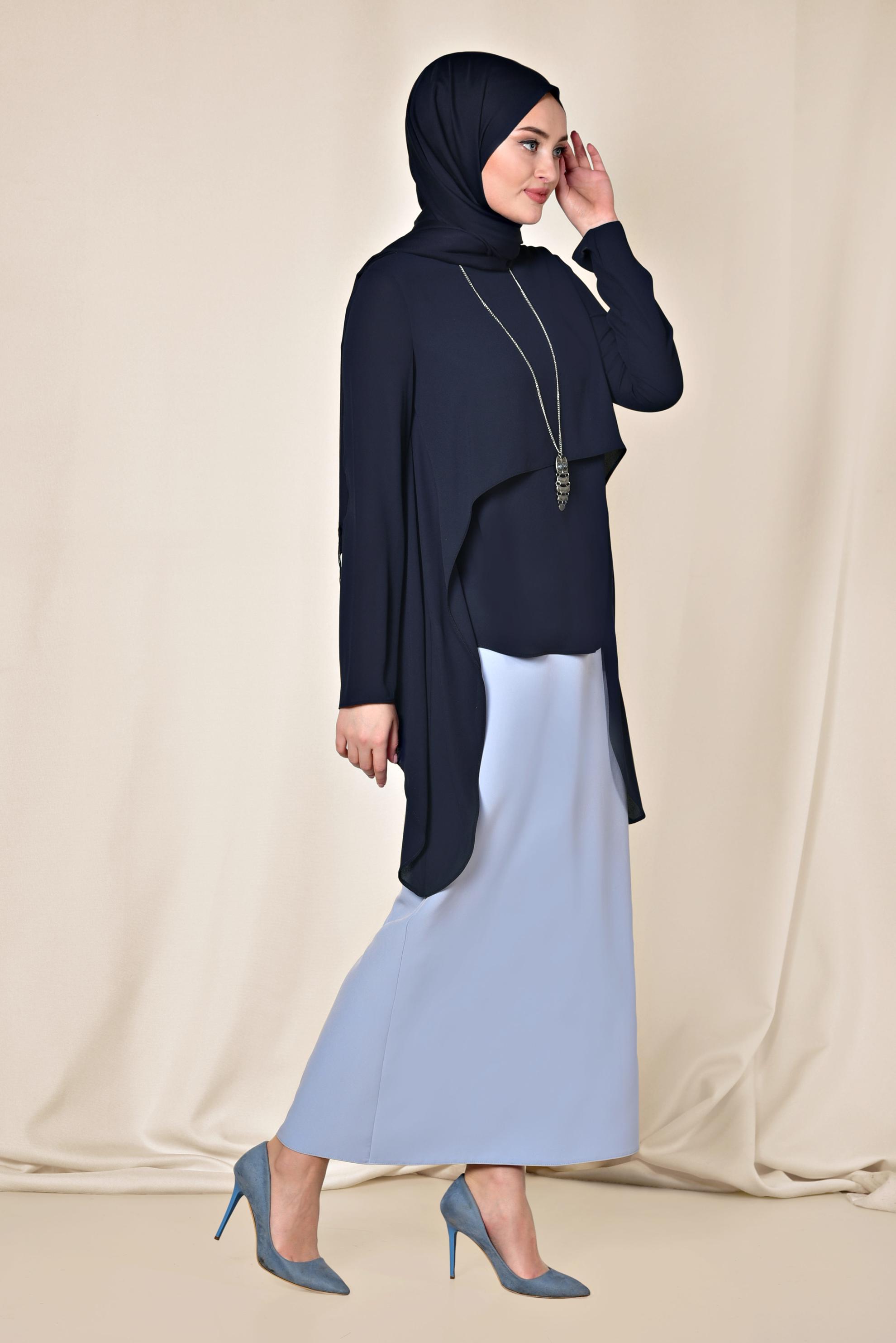 Tesettür giyim LACİVERT ASİMETRİK KESİM ŞİFON BLUZ 4291