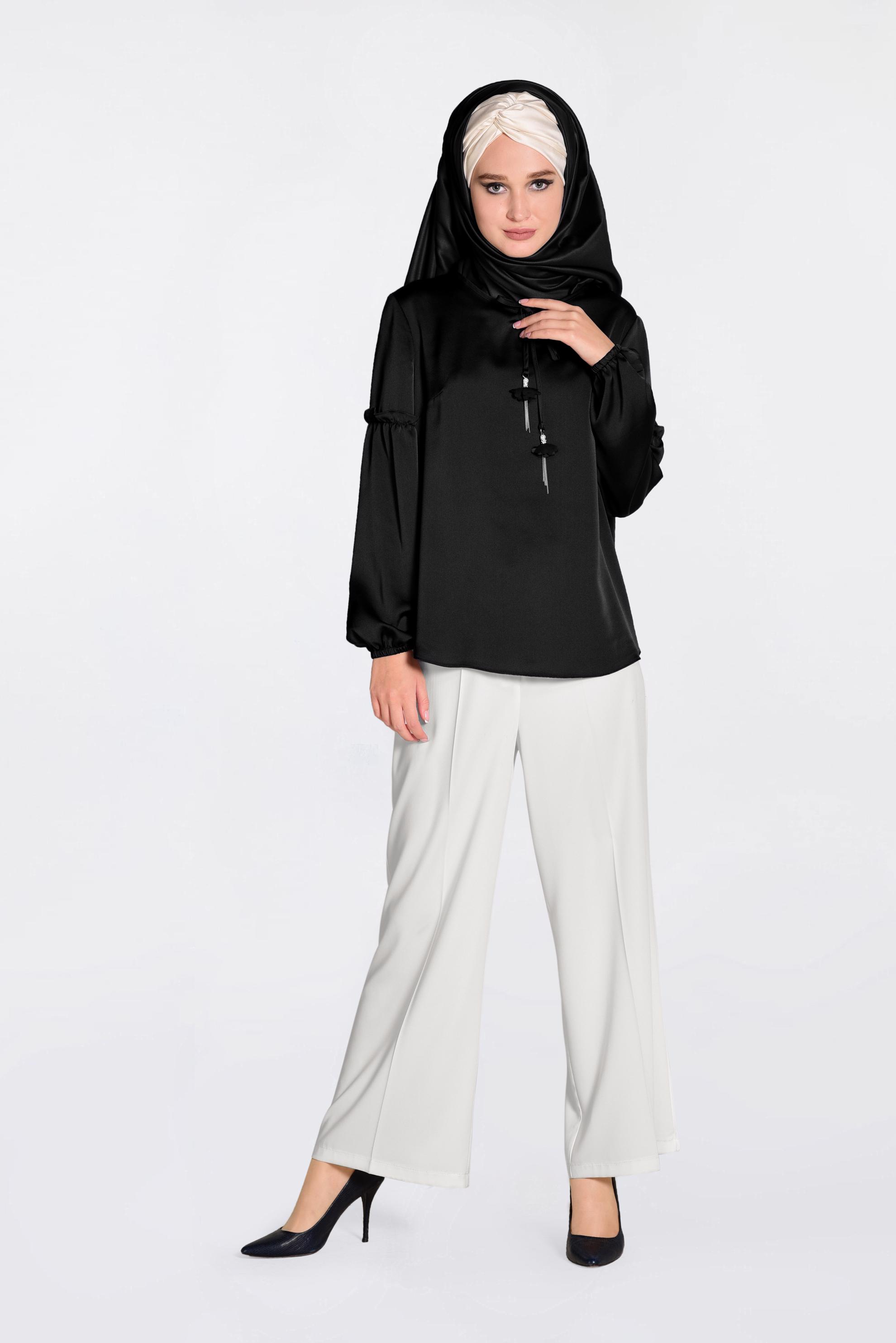 Tesettür giyim SİYAH YAKASI BAĞCIKLI BLUZ 4321