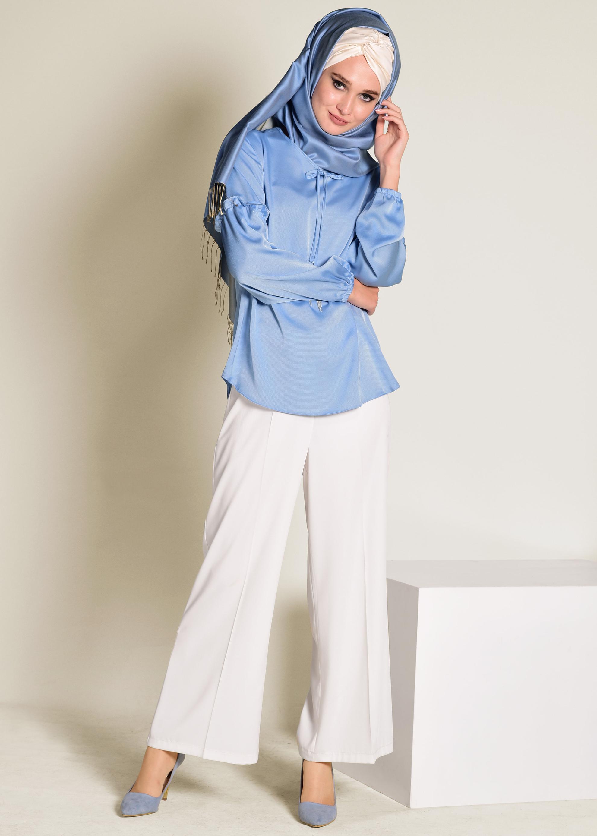 Tesettür giyim MAVİ YAKASI BAĞCIKLI BLUZ 4321