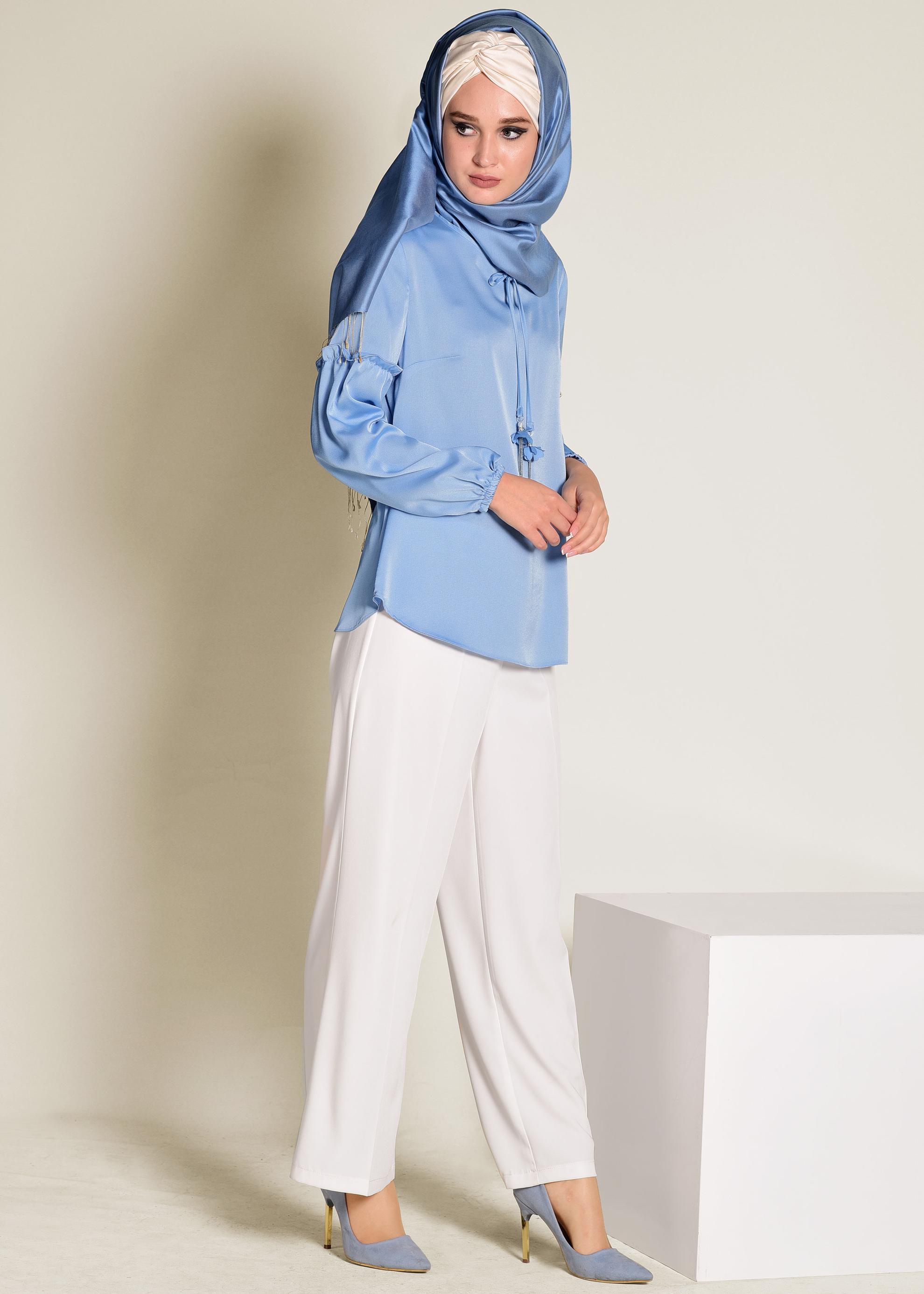 Tesettür giyim MAVİ YAKASI BAĞCIKLI BLUZ 4321