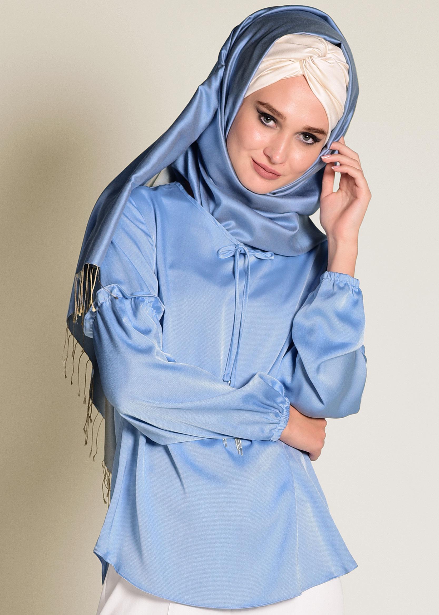 Tesettür giyim MAVİ YAKASI BAĞCIKLI BLUZ 4321