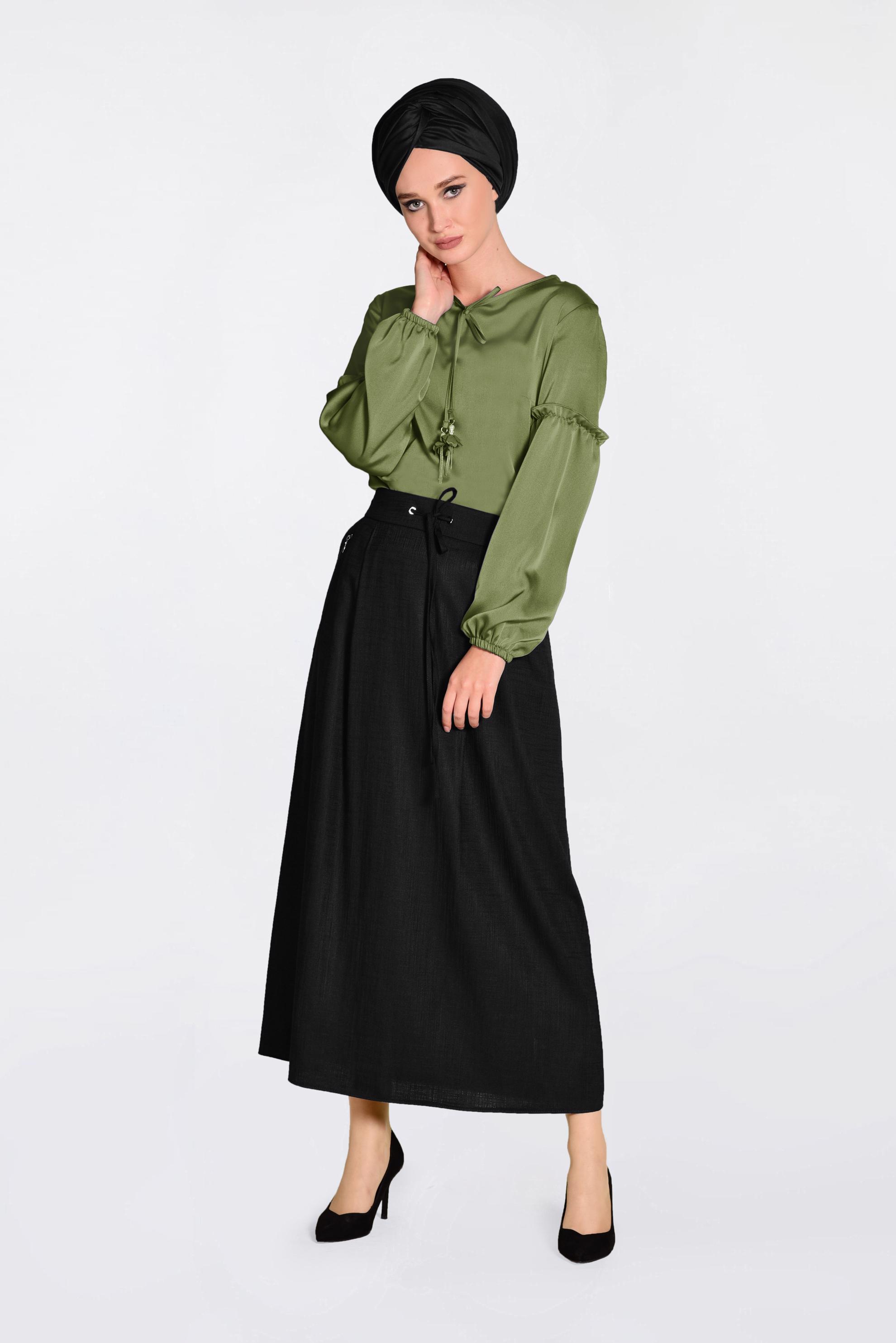 Tesettür giyim HAKİ YAKASI BAĞCIKLI BLUZ 4321