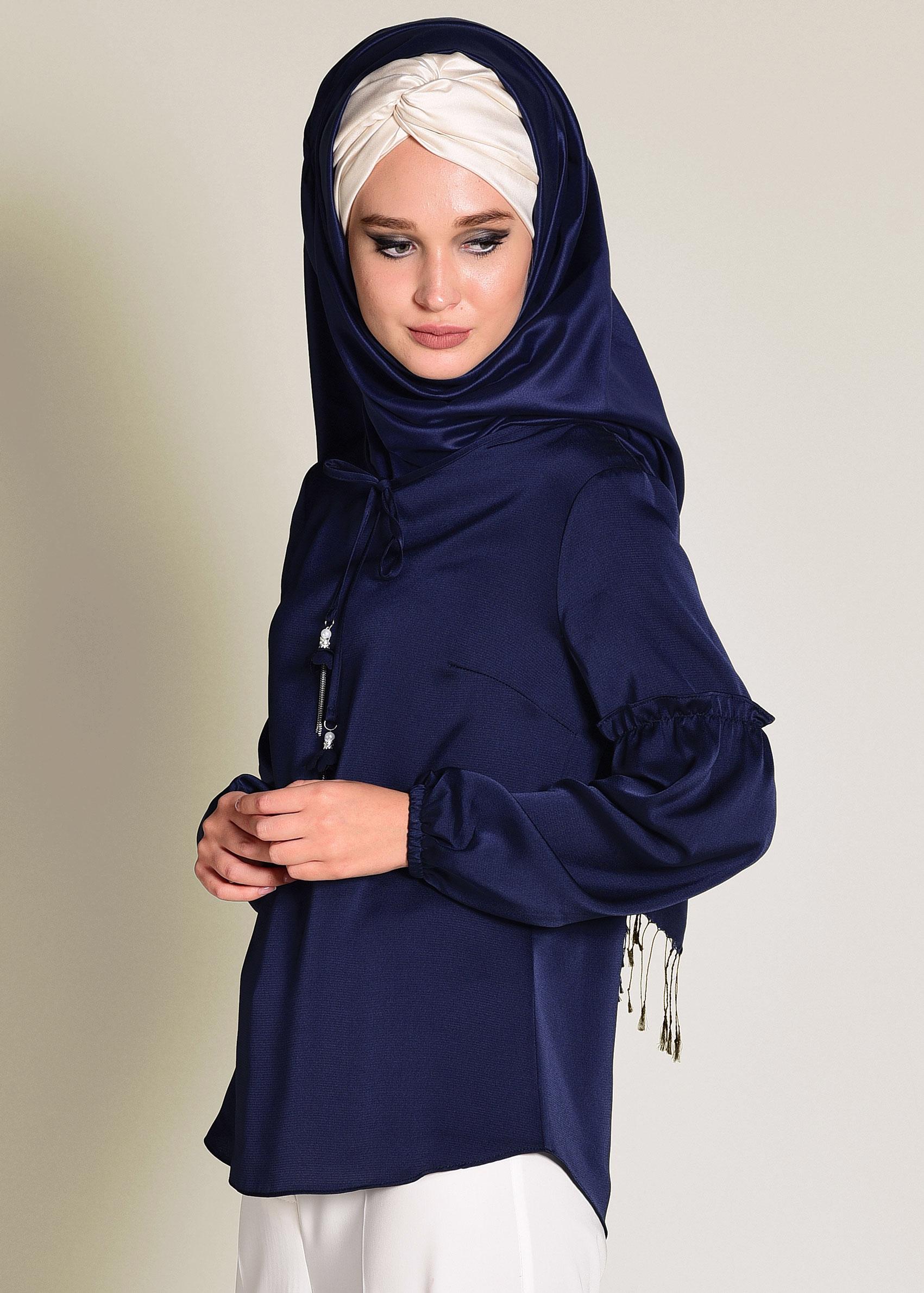 Tesettür giyim LACİVERT YAKASI BAĞCIKLI BLUZ 4321