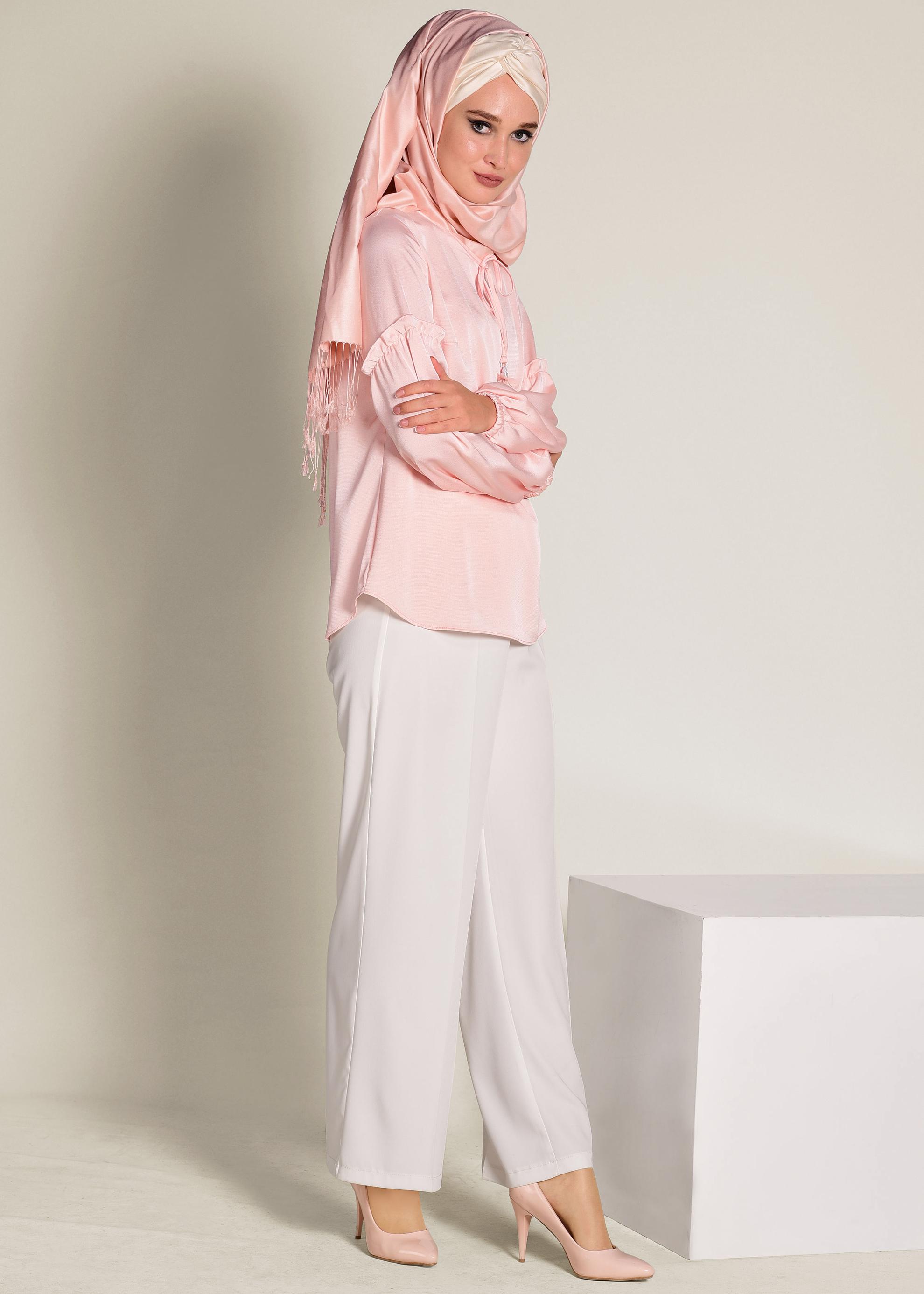 Tesettür giyim PUDRA YAKASI BAĞCIKLI BLUZ 4321