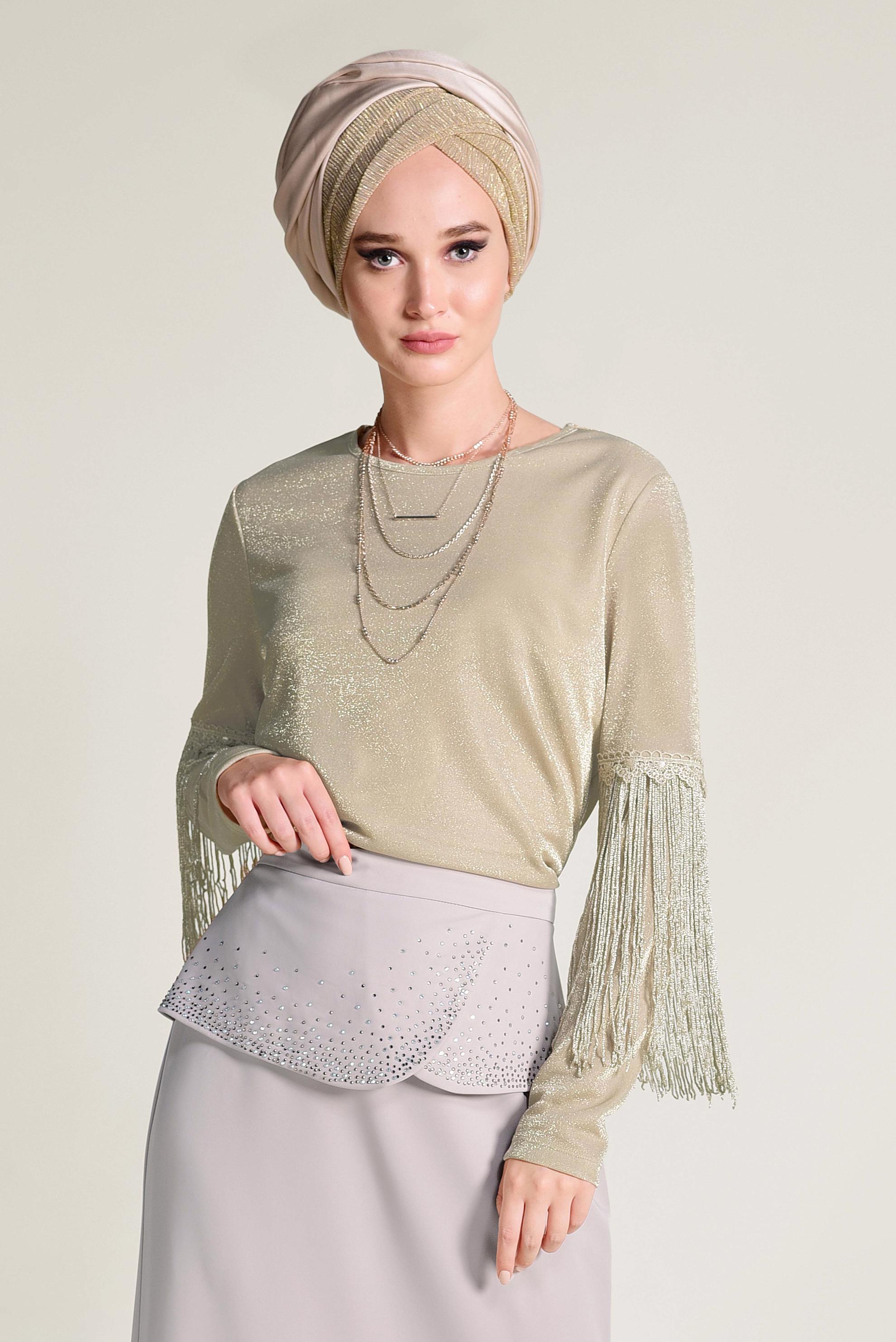 Tesettür giyim BEJ KOLLARI PÜSKÜLLÜ SİMLİ BLUZ 4323