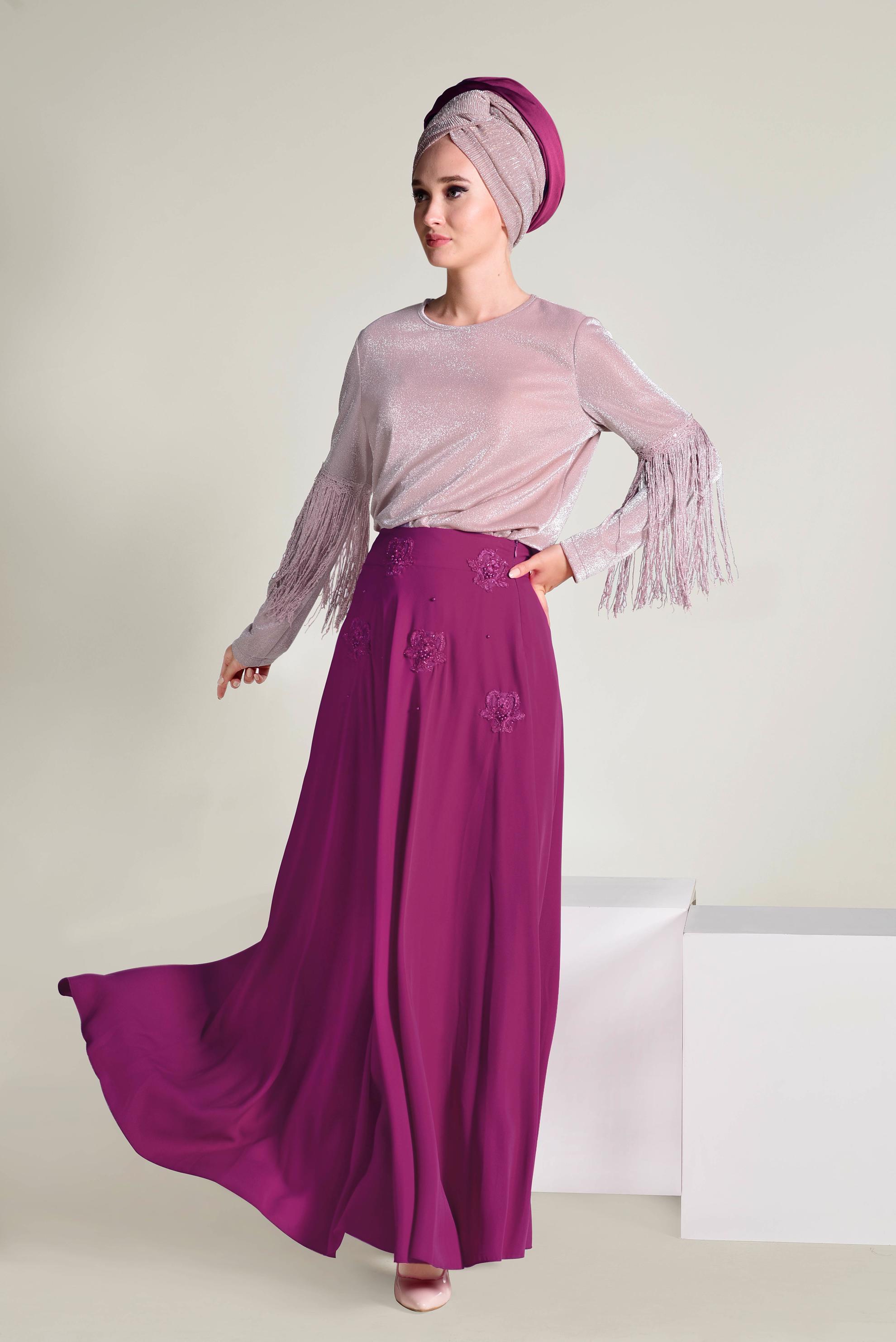 Tesettür giyim PUDRA KOLLARI PÜSKÜLLÜ SİMLİ BLUZ 4323