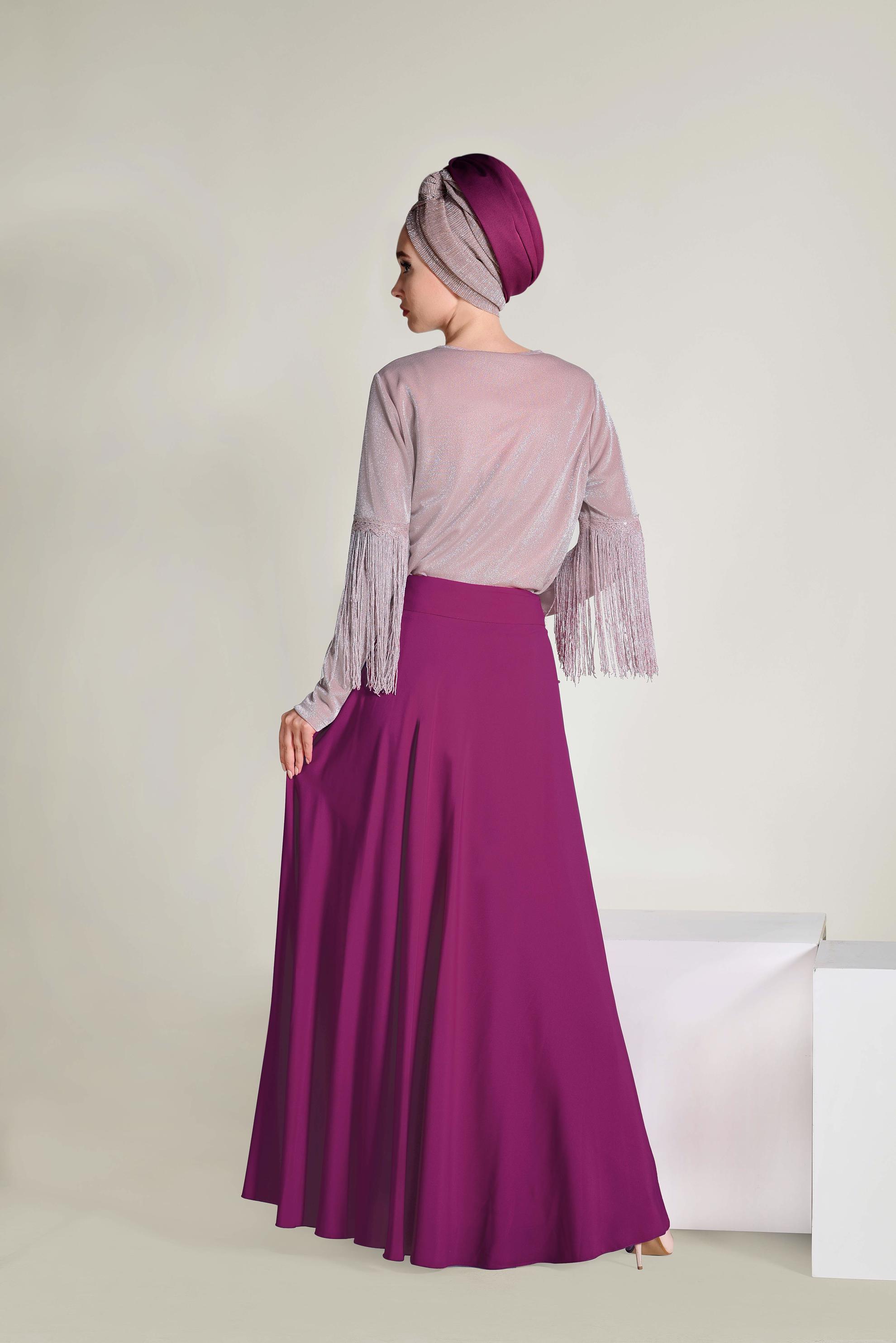 Tesettür giyim PUDRA KOLLARI PÜSKÜLLÜ SİMLİ BLUZ 4323