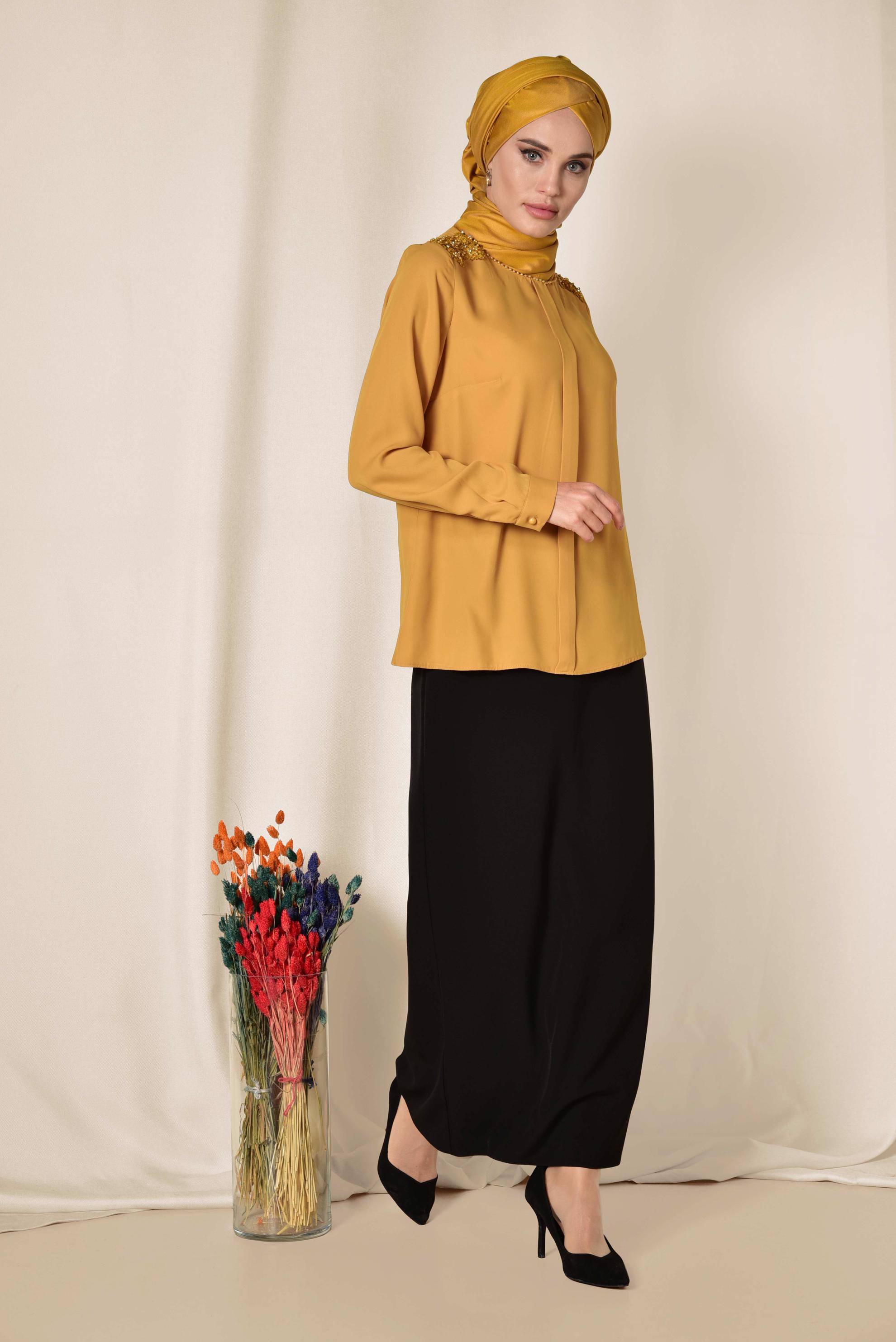 Tesettür giyim SARI GÜPÜR VE BONCUK DETAYLI BLUZ 4338
