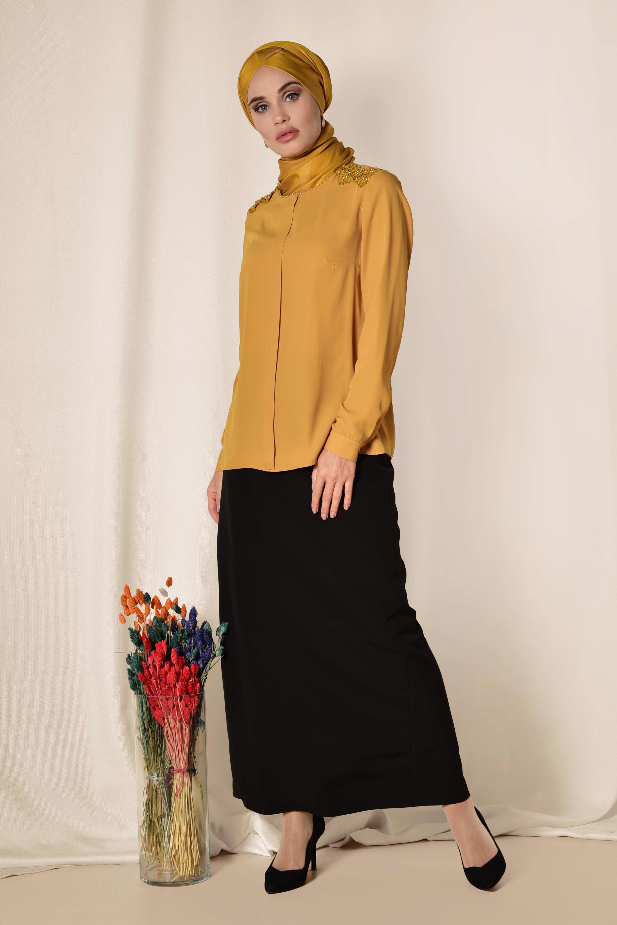 Tesettür giyim SARI GÜPÜR VE BONCUK DETAYLI BLUZ 4338