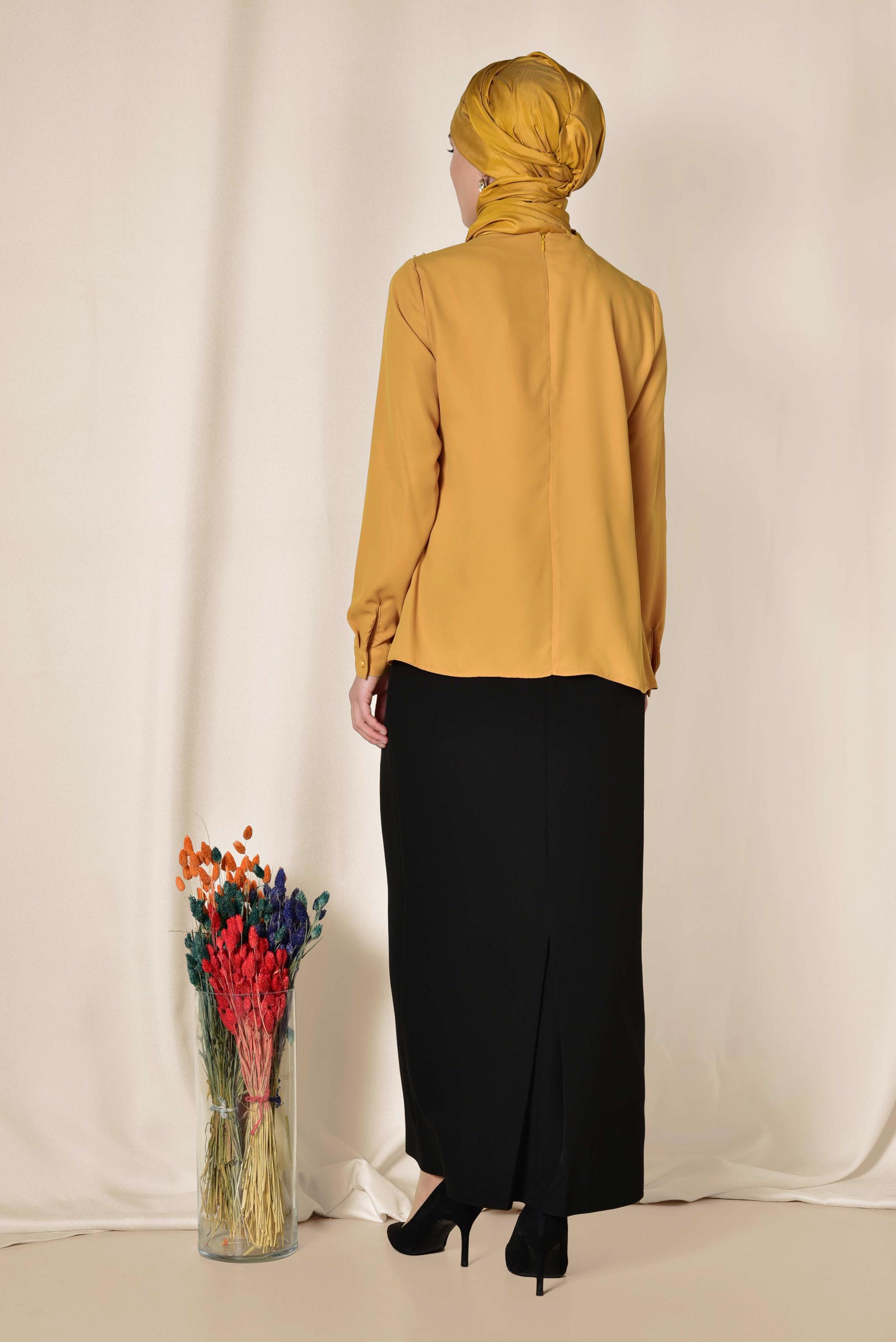 Tesettür giyim SARI GÜPÜR VE BONCUK DETAYLI BLUZ 4338