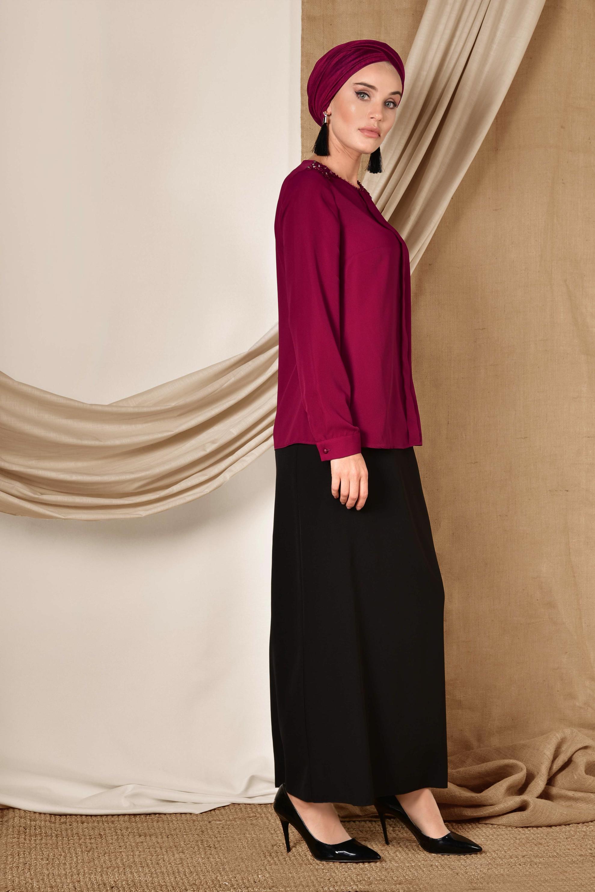 Tesettür giyim FUŞYA GÜPÜR VE BONCUK DETAYLI BLUZ 4338