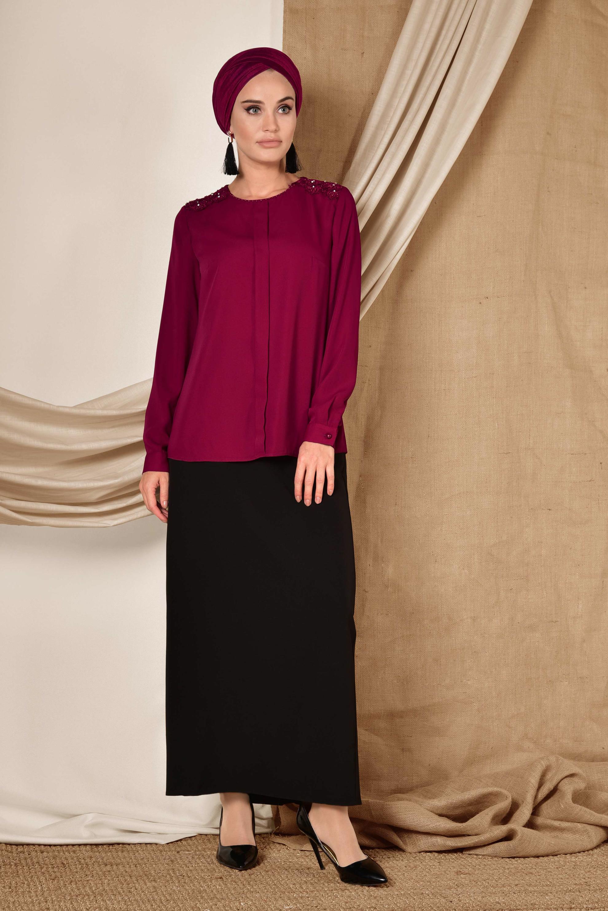 Tesettür giyim FUŞYA GÜPÜR VE BONCUK DETAYLI BLUZ 4338