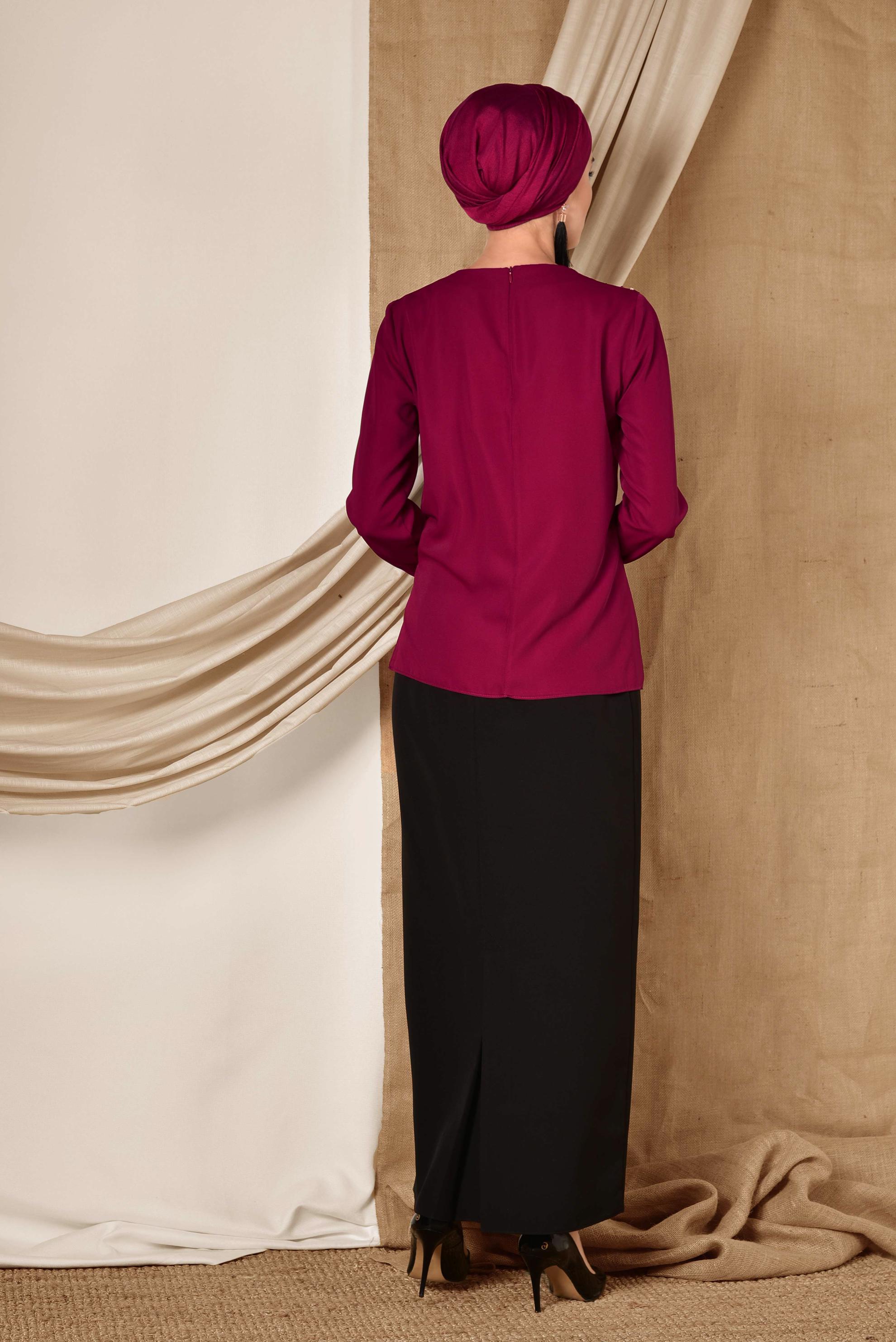 Tesettür giyim FUŞYA GÜPÜR VE BONCUK DETAYLI BLUZ 4338