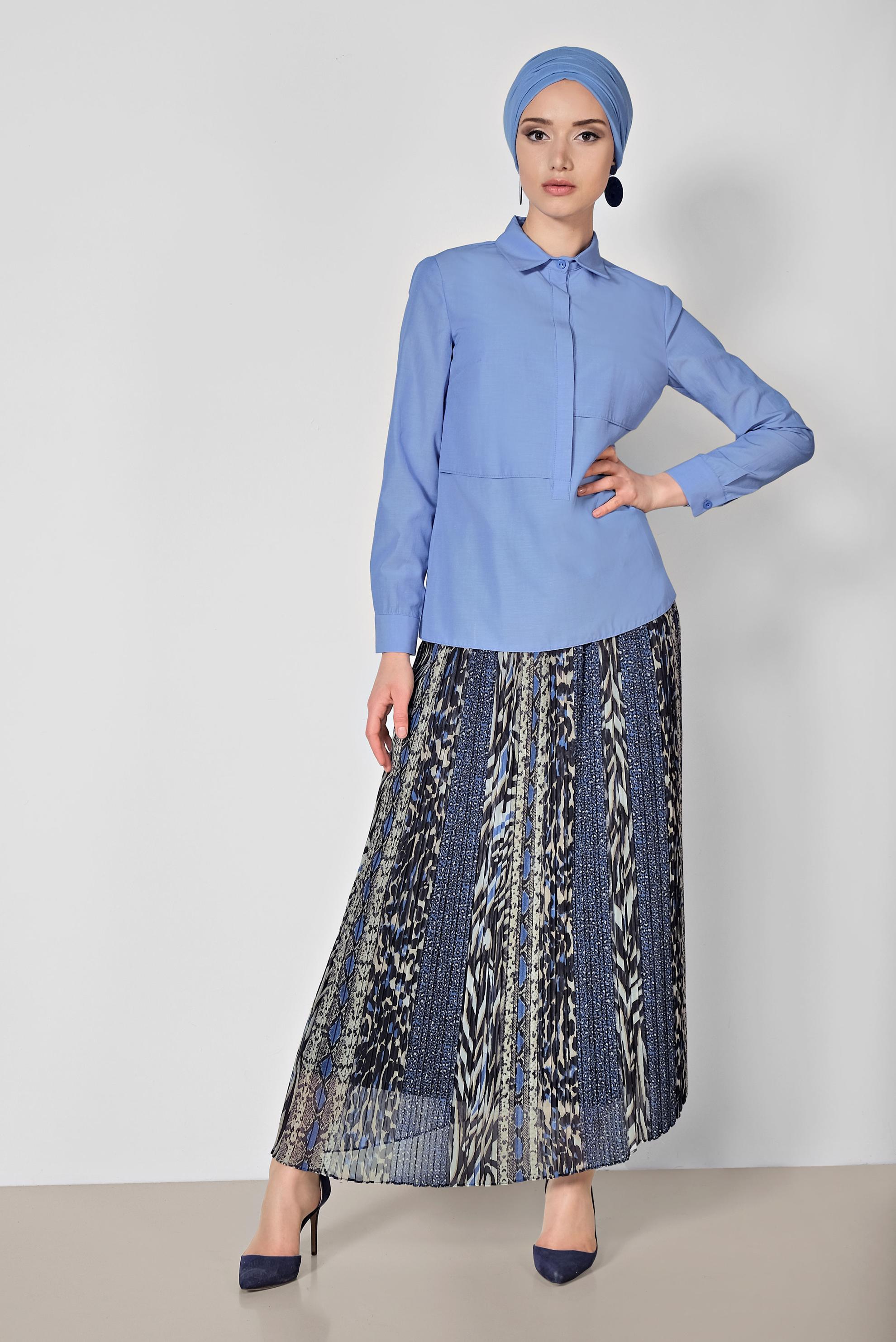 Tesettür giyim MAVİ GÖMLEK YAKA BLUZ 4376