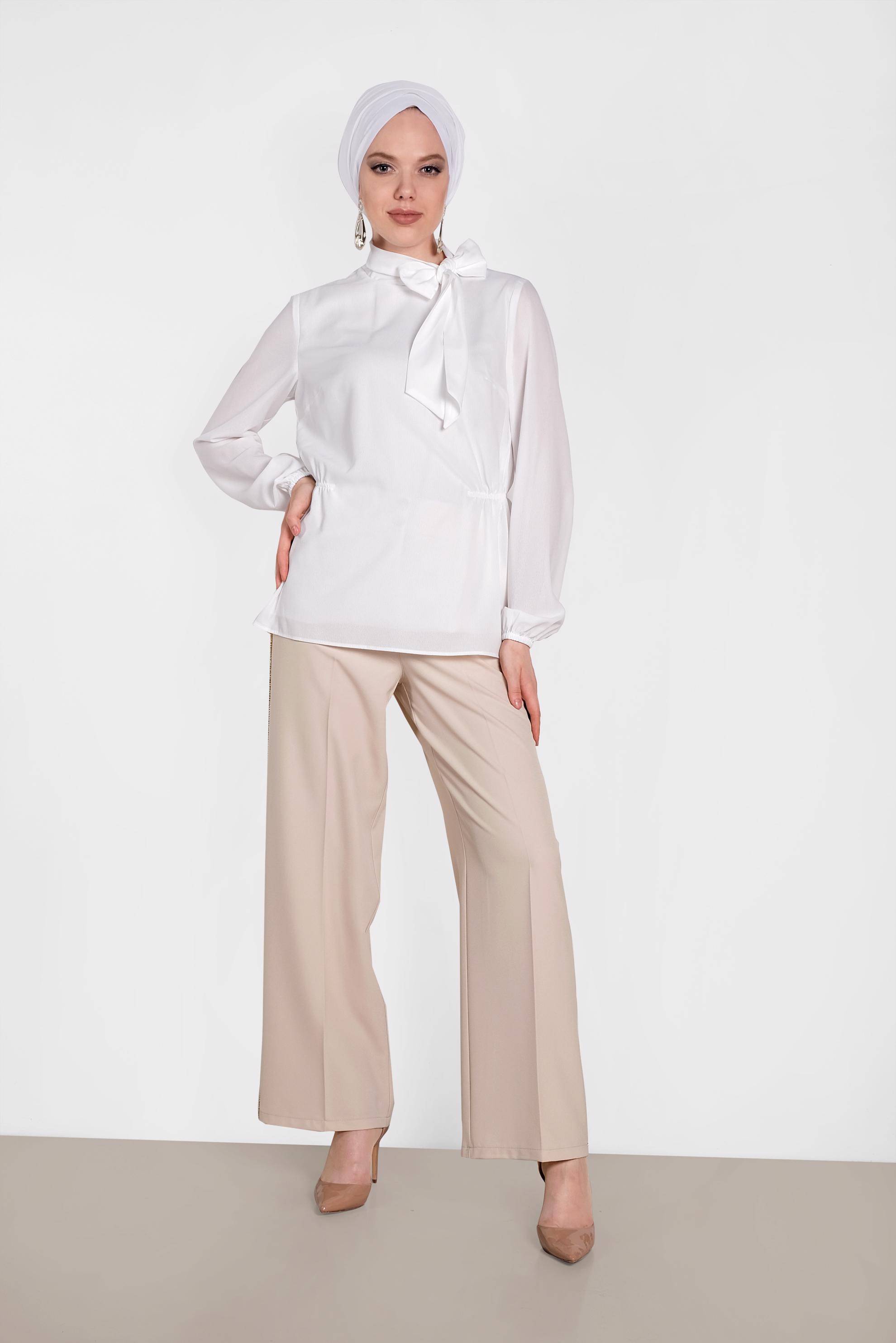 Tesettür giyim BEYAZ YAKASI FİYONKLU BLUZ 4446