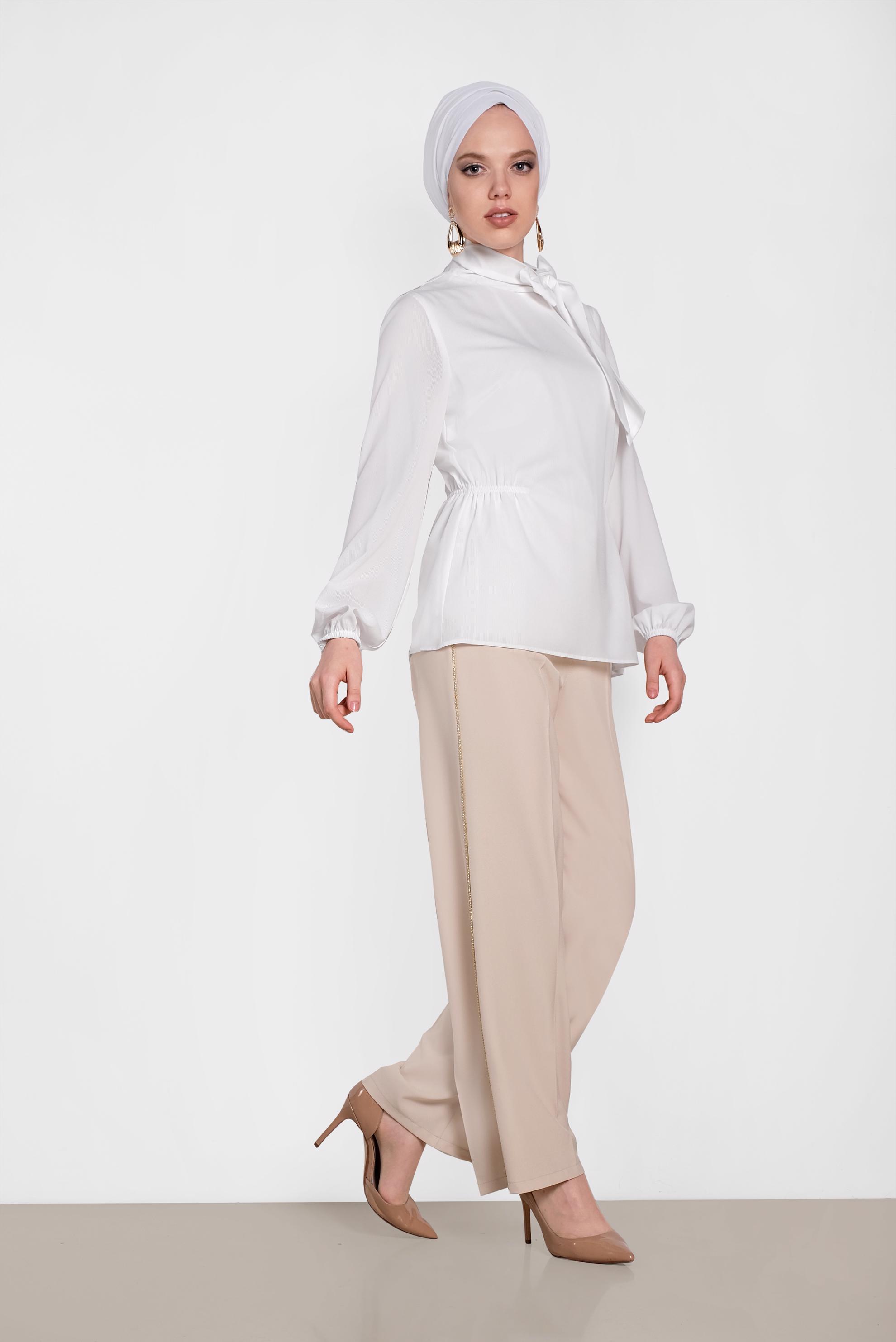 Tesettür giyim BEYAZ YAKASI FİYONKLU BLUZ 4446