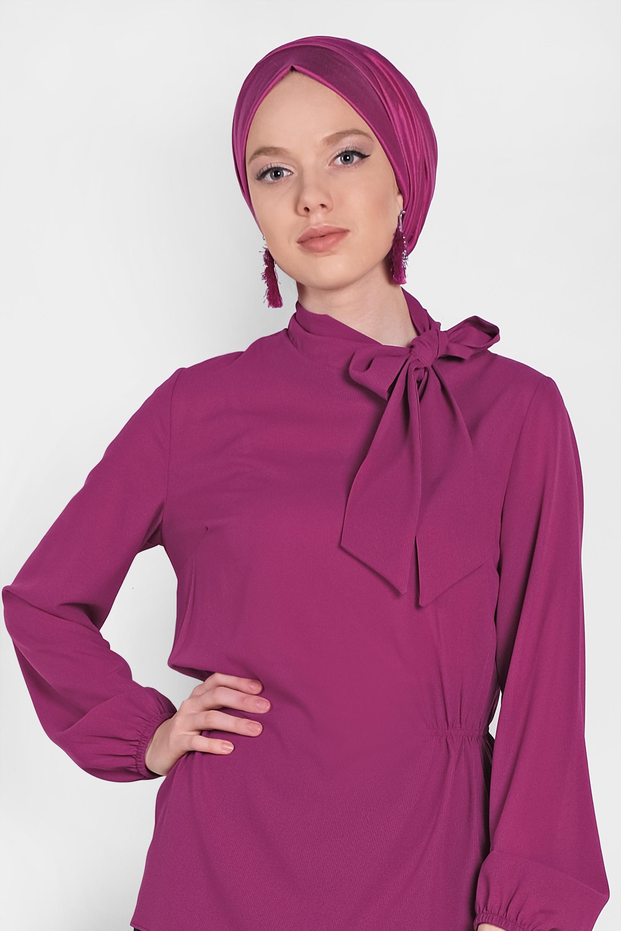 Tesettür giyim MOR YAKASI FİYONKLU BLUZ 4446
