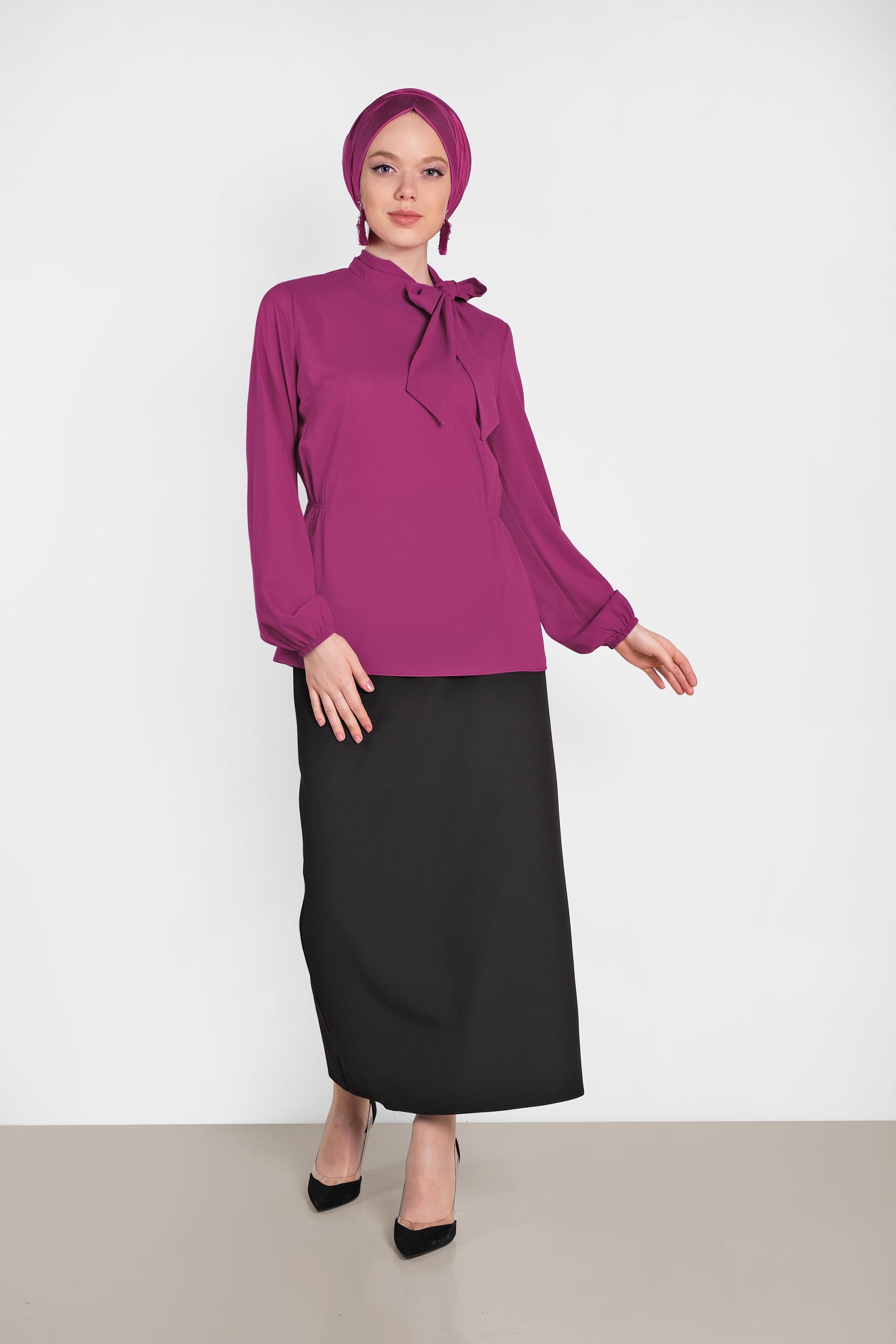 Tesettür giyim MOR YAKASI FİYONKLU BLUZ 4446
