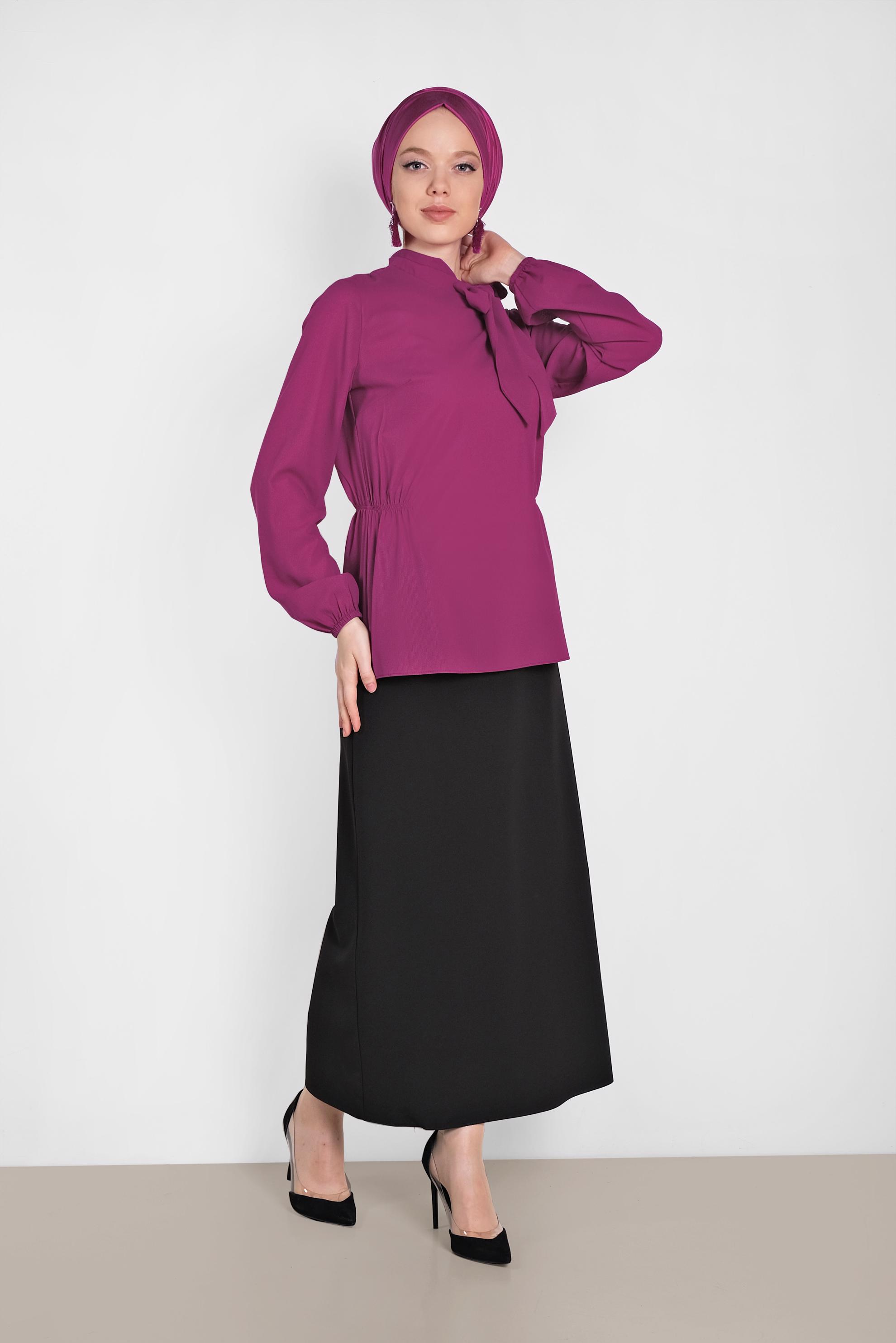 Tesettür giyim MOR YAKASI FİYONKLU BLUZ 4446
