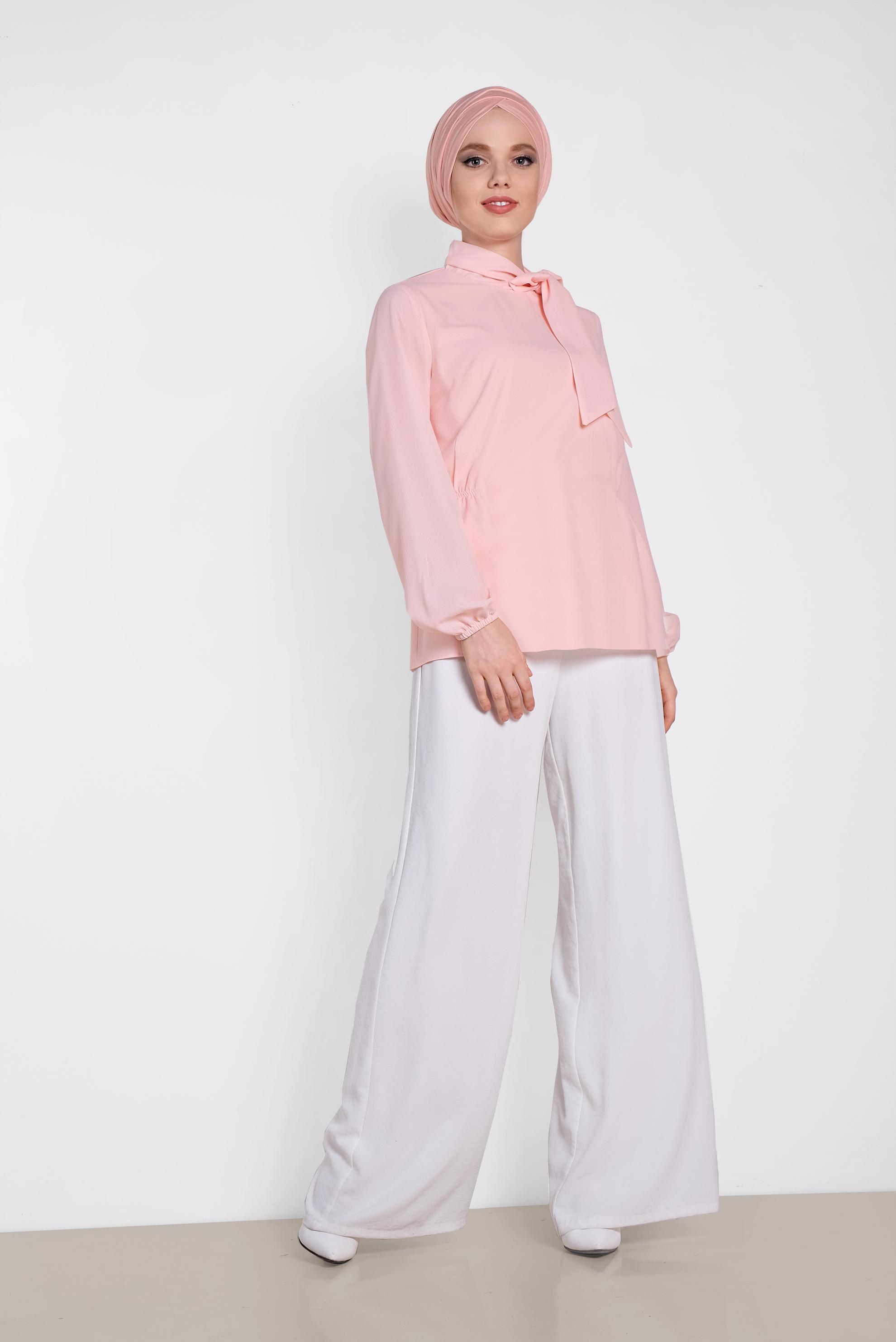 Tesettür giyim PUDRA YAKASI FİYONKLU BLUZ 4446