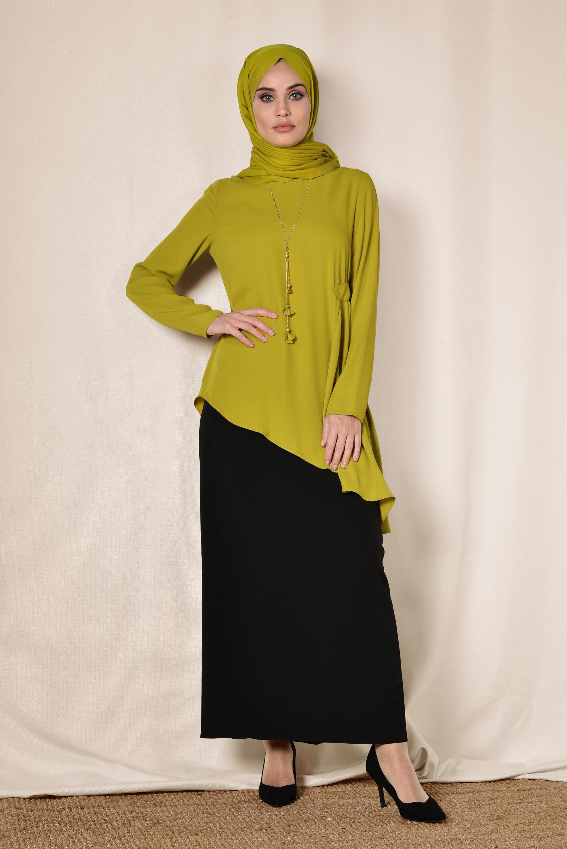 Tesettür giyim YEŞİL ASİMETRİK KESİM BLUZ 4866