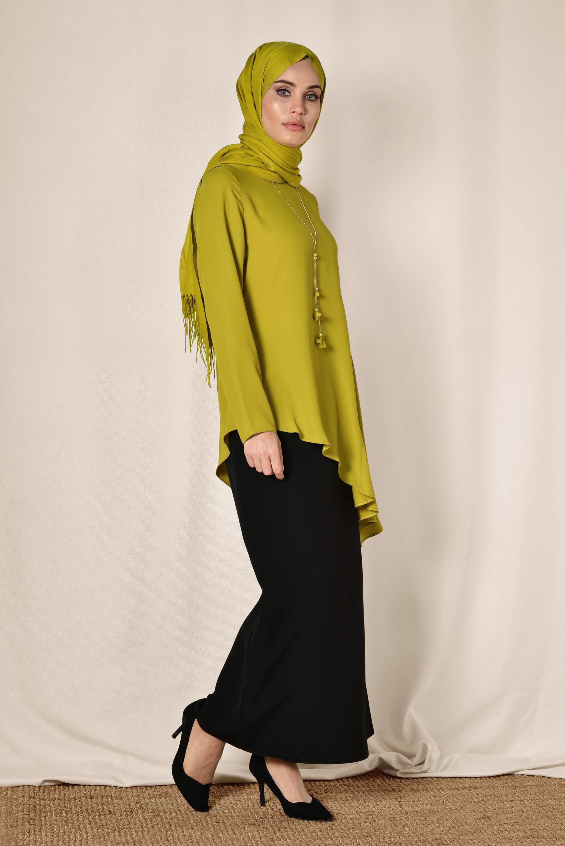 Tesettür giyim YEŞİL ASİMETRİK KESİM BLUZ 4866