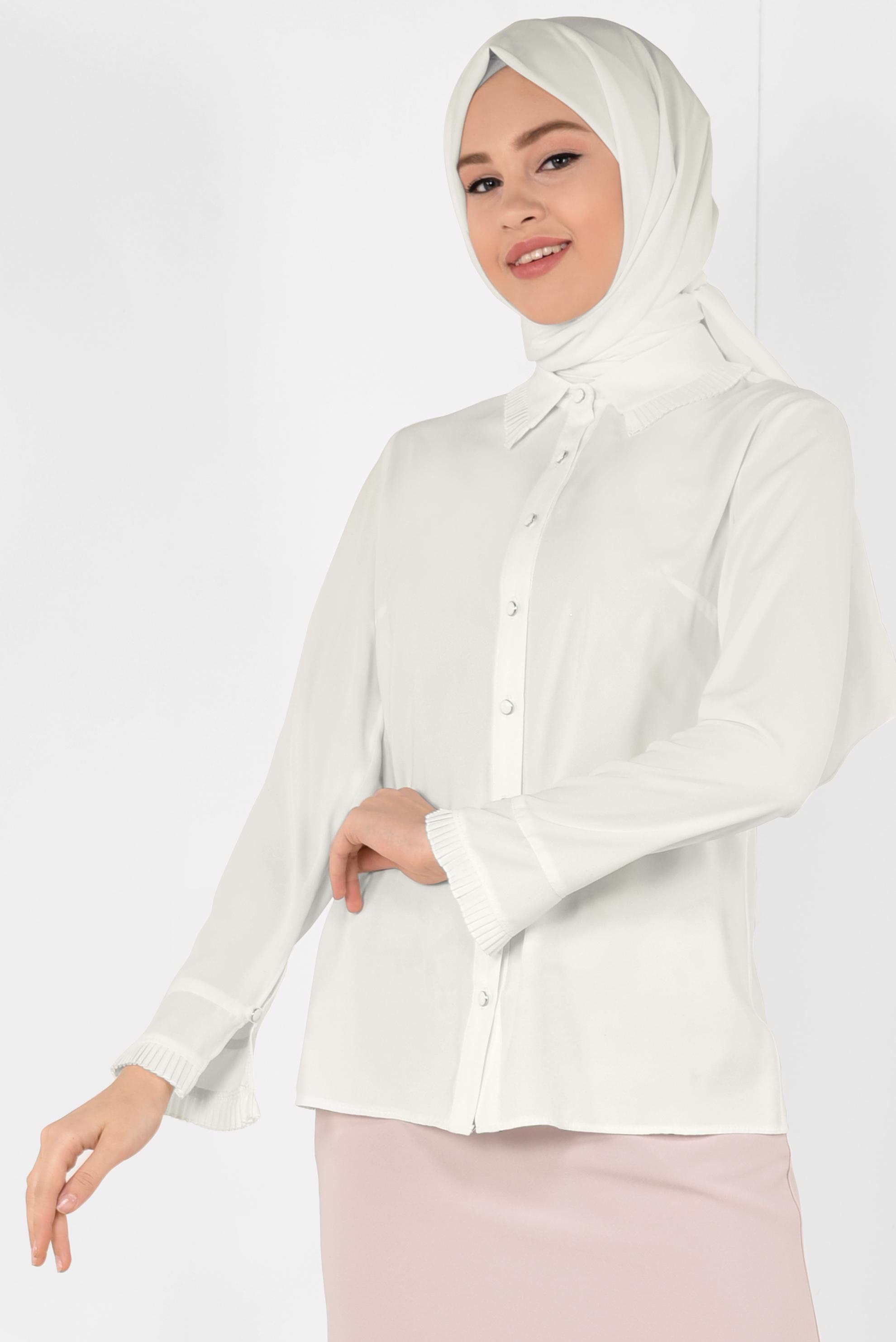 Tesettür giyim BEYAZ PİLİSE DETAYLI BLUZ 4867