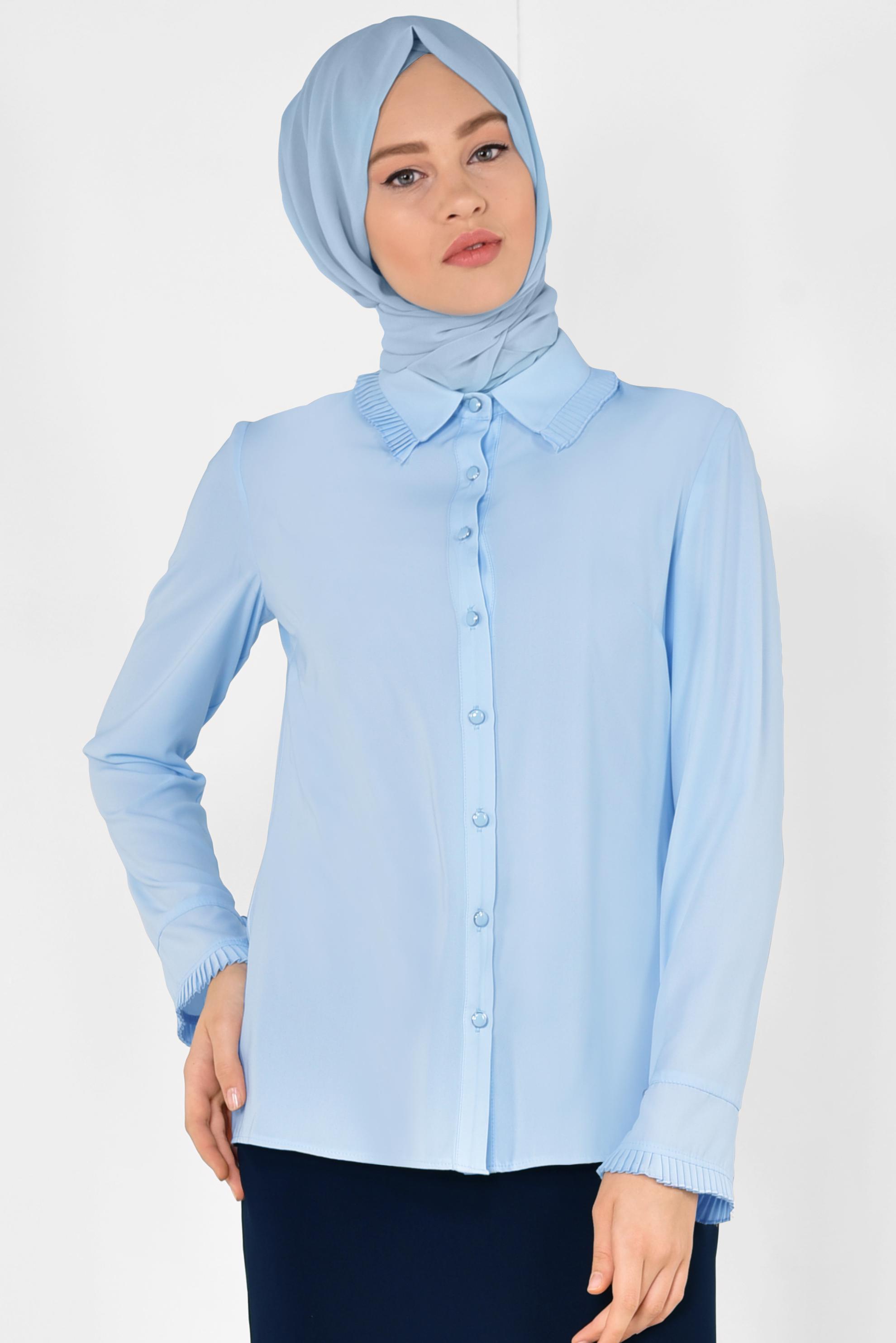 Tesettür giyim MAVİ PİLİSE DETAYLI BLUZ 4867