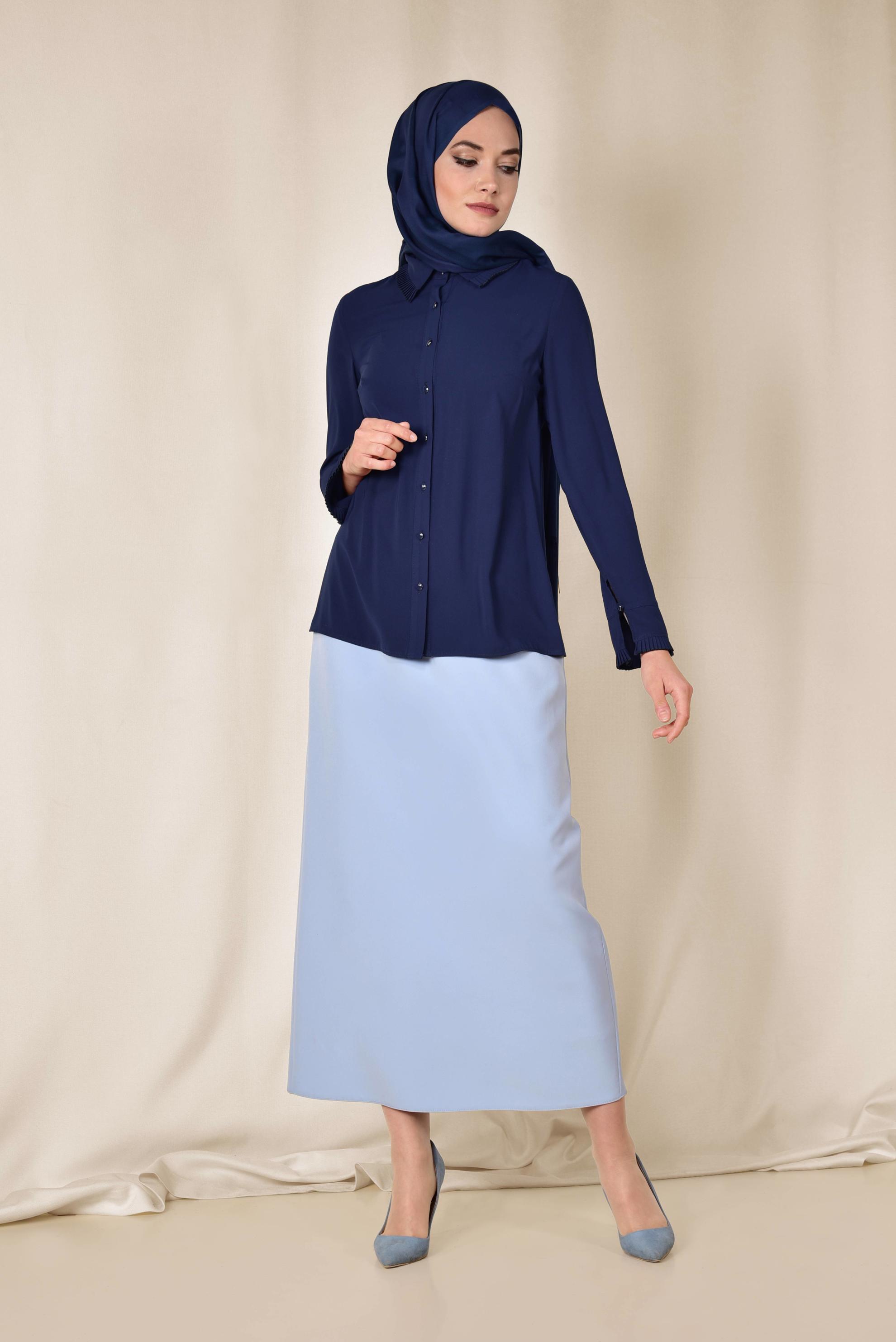 Tesettür giyim LACİVERT PİLİSE DETAYLI BLUZ 4867