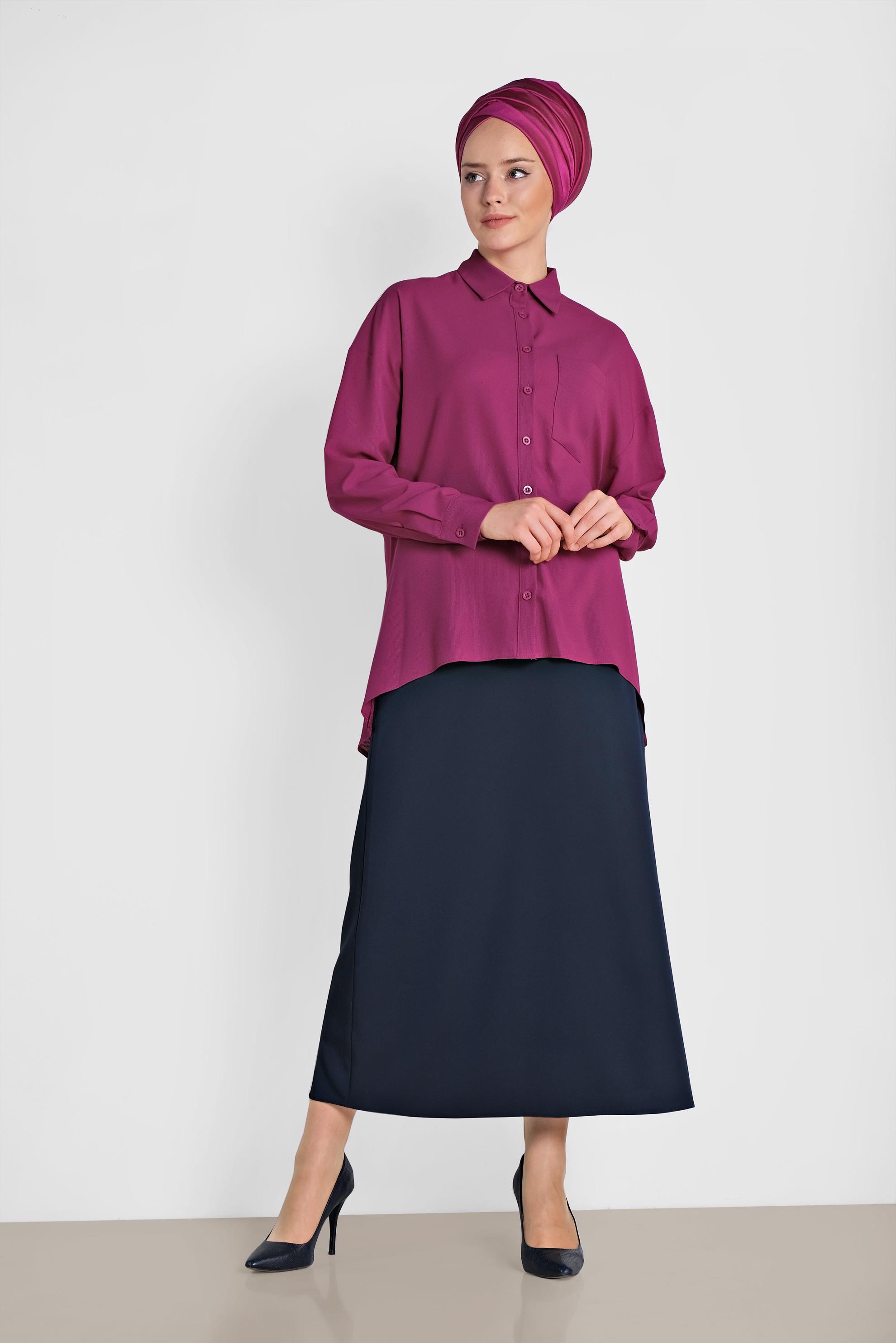 Tesettür giyim MOR ASİMETRİK KESİM ÖNDEN DÜĞMELİ BLUZ 4886