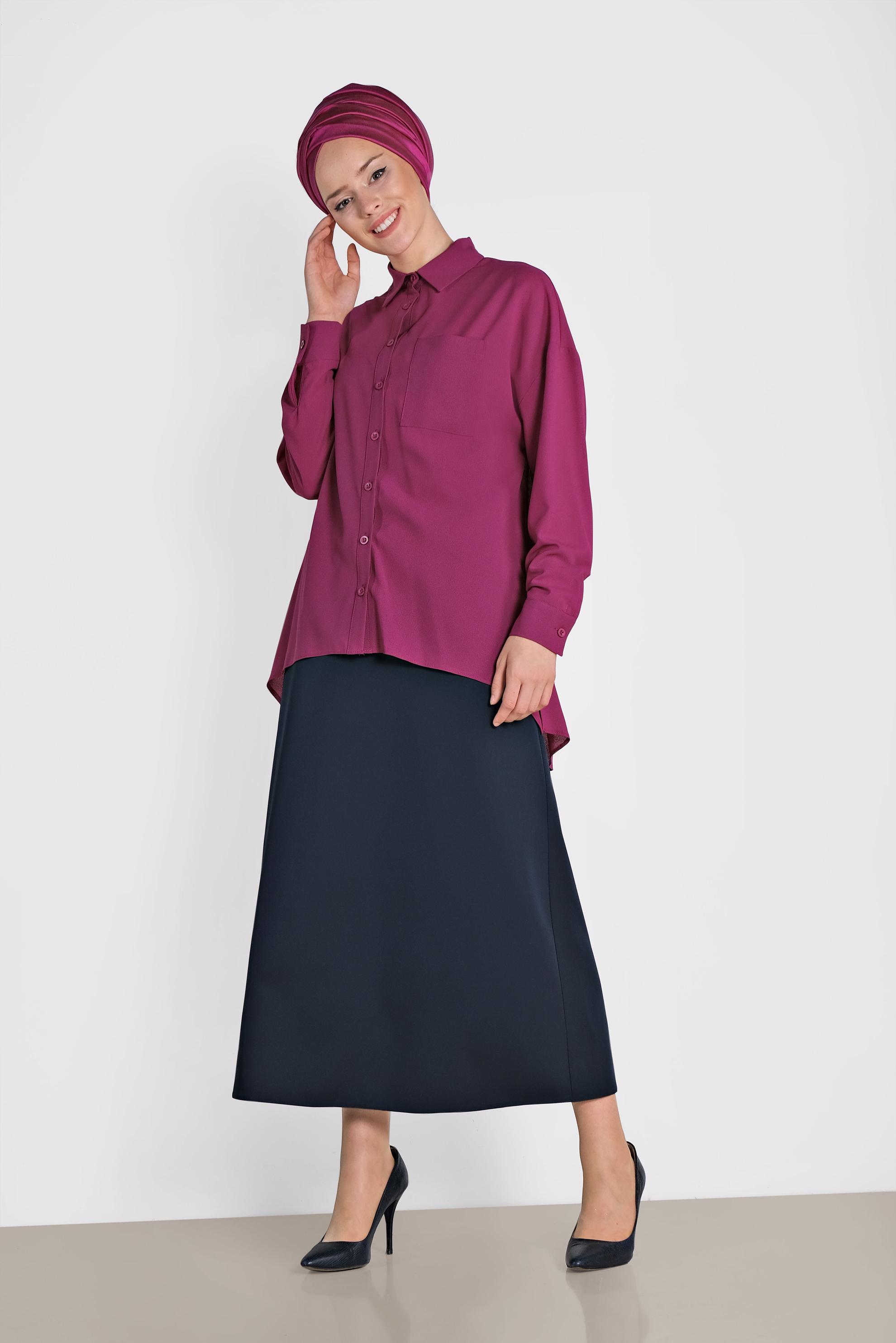 Tesettür giyim MOR ASİMETRİK KESİM ÖNDEN DÜĞMELİ BLUZ 4886