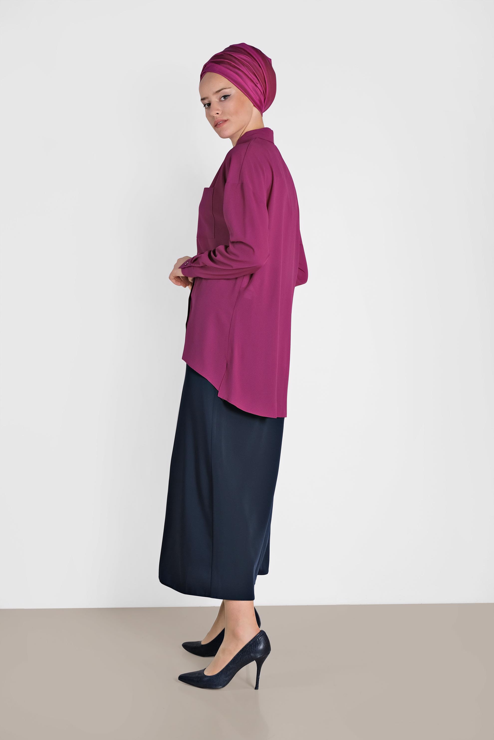 Tesettür giyim MOR ASİMETRİK KESİM ÖNDEN DÜĞMELİ BLUZ 4886