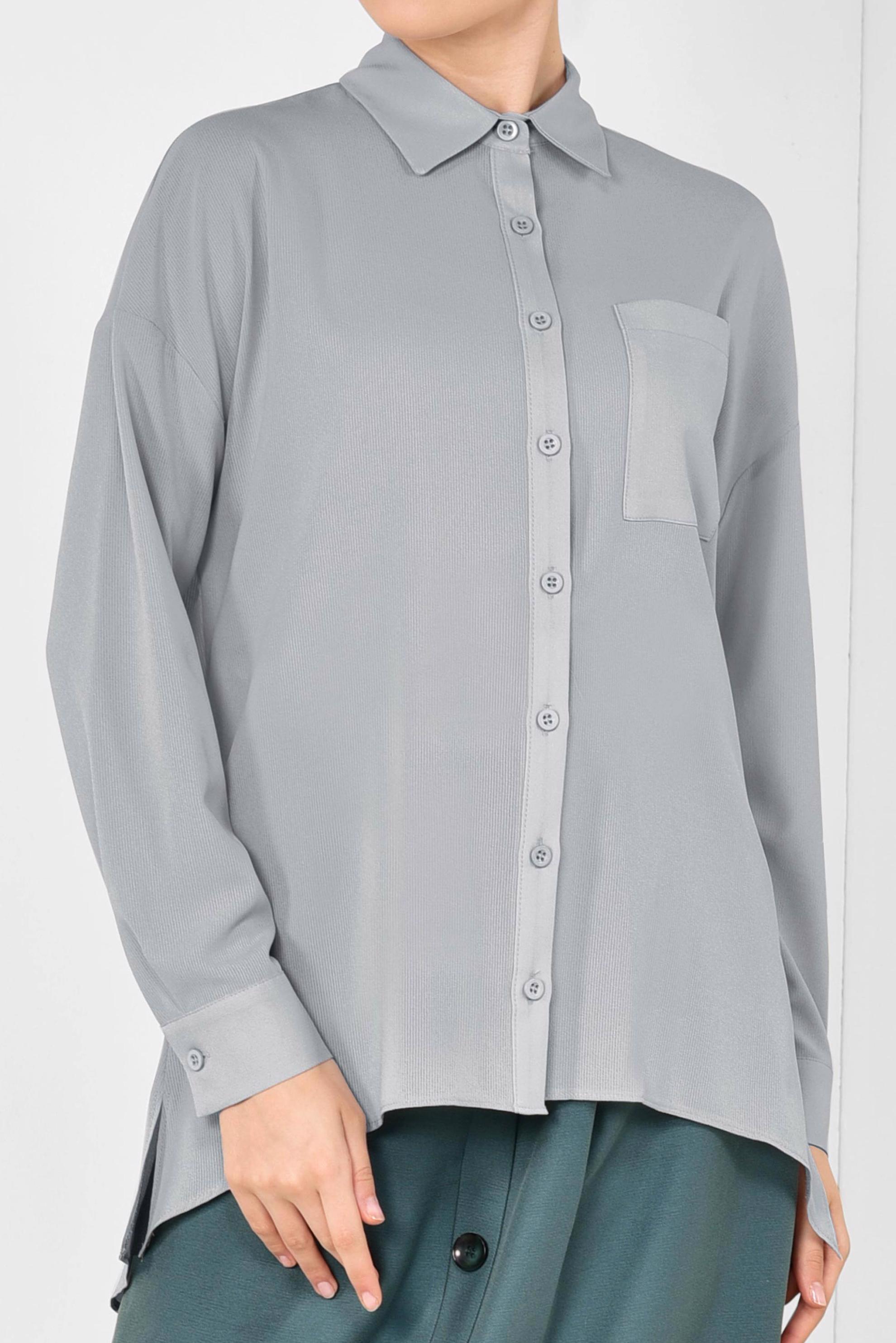 Tesettür giyim GRİ ASİMETRİK KESİM ÖNDEN DÜĞMELİ BLUZ 4886